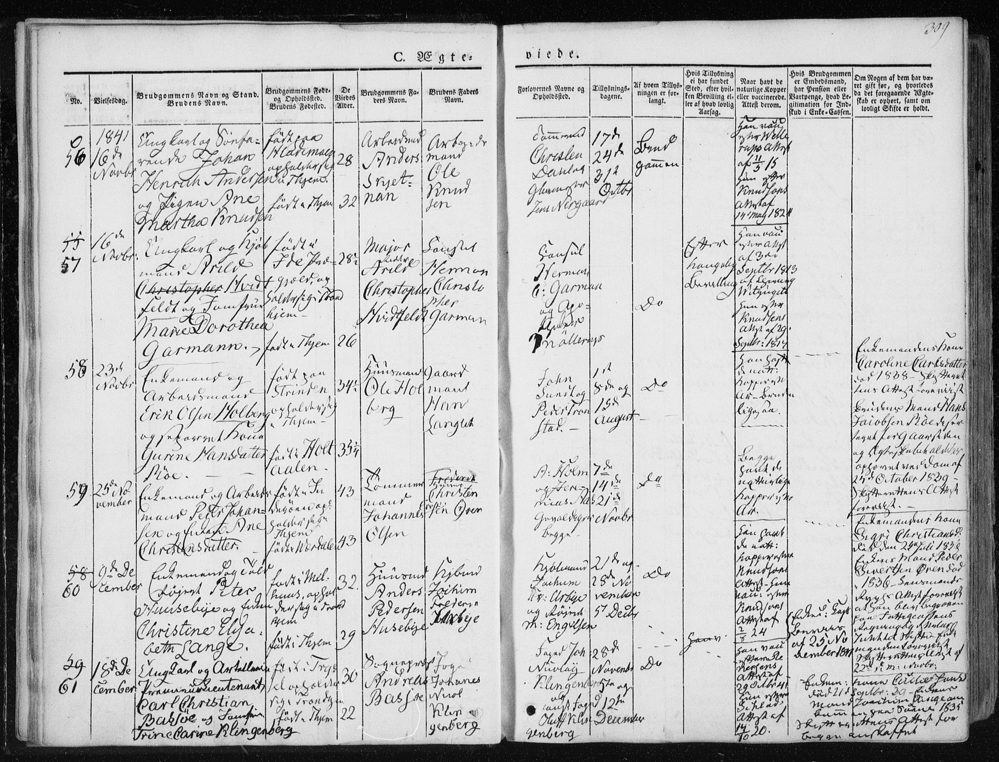Ministerialprotokoller, klokkerbøker og fødselsregistre - Sør-Trøndelag, SAT/A-1456/601/L0049: Parish register (official) no. 601A17, 1839-1847, p. 309