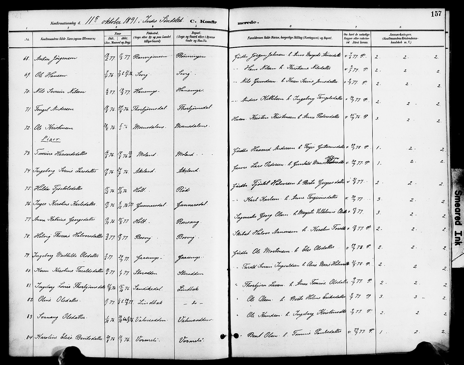 Søndeled sokneprestkontor, AV/SAK-1111-0038/F/Fa/L0005: Parish register (official) no. A 5, 1889-1899, p. 157