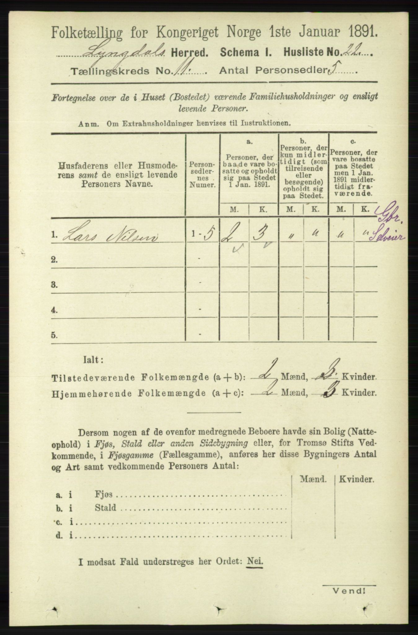 RA, 1891 census for 1032 Lyngdal, 1891, p. 4754