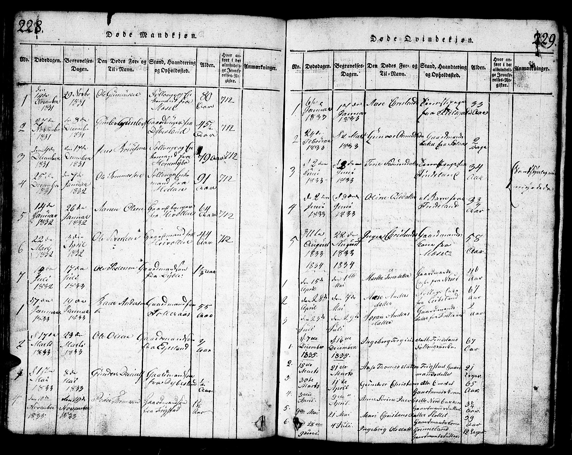 Bjelland sokneprestkontor, AV/SAK-1111-0005/F/Fb/Fbb/L0003: Parish register (copy) no. B 3, 1816-1868, p. 228-229