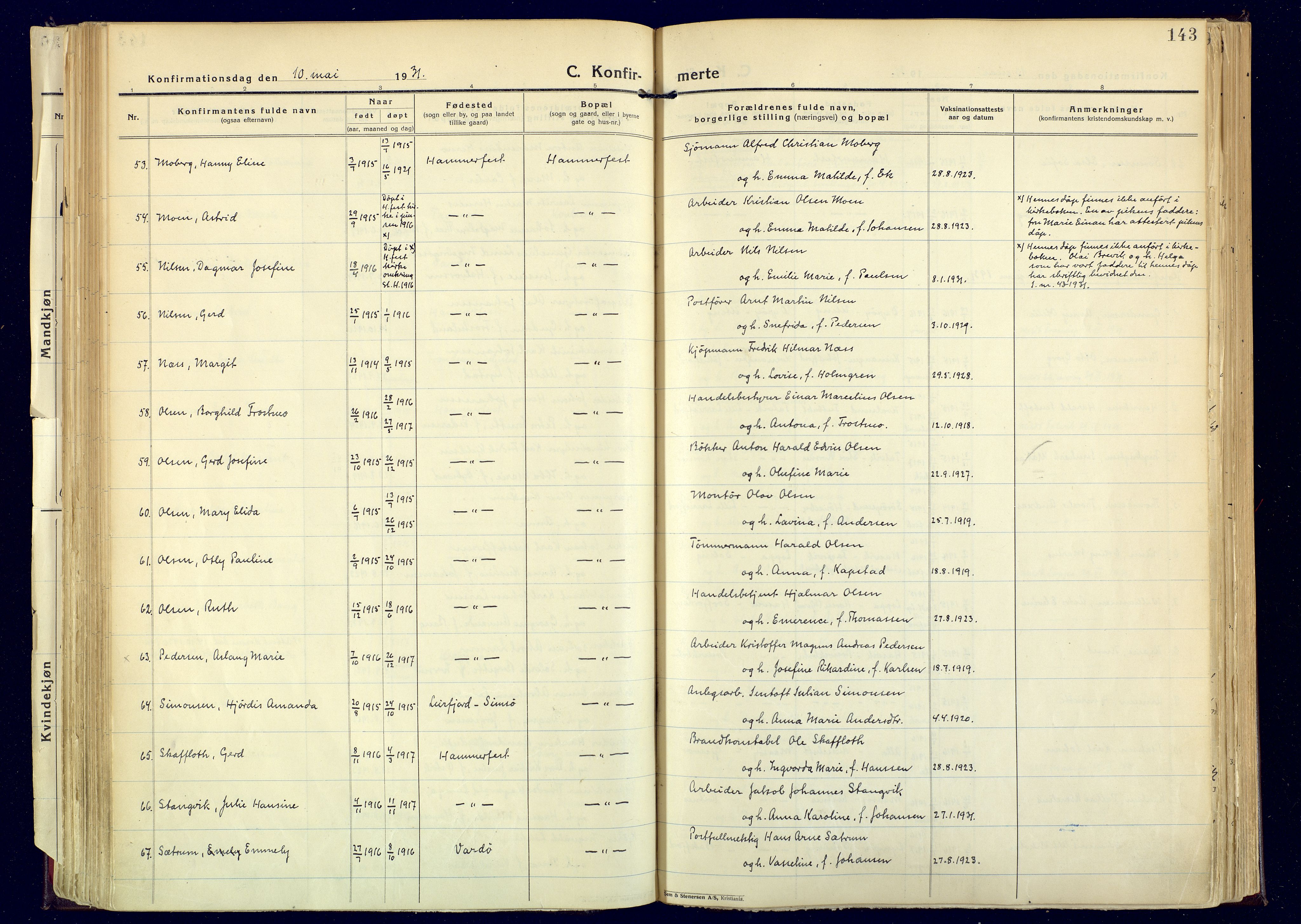 Hammerfest sokneprestkontor, SATØ/S-1347: Parish register (official) no. 17, 1923-1933, p. 143