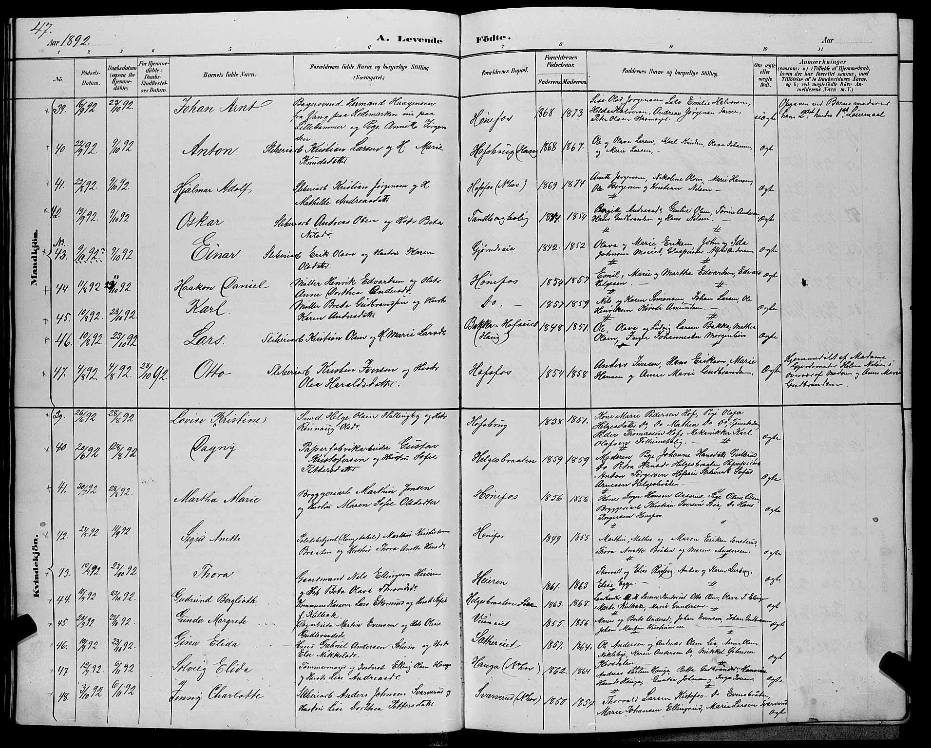 Hønefoss kirkebøker, AV/SAKO-A-609/G/Ga/L0002: Parish register (copy) no. 2, 1888-1904, p. 47