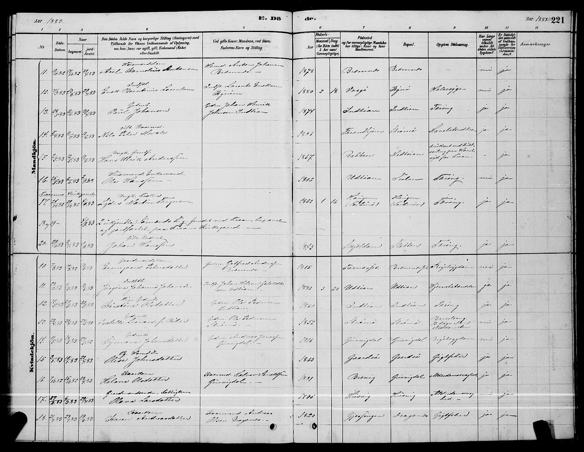 Ministerialprotokoller, klokkerbøker og fødselsregistre - Sør-Trøndelag, SAT/A-1456/640/L0585: Parish register (copy) no. 640C03, 1878-1891, p. 221