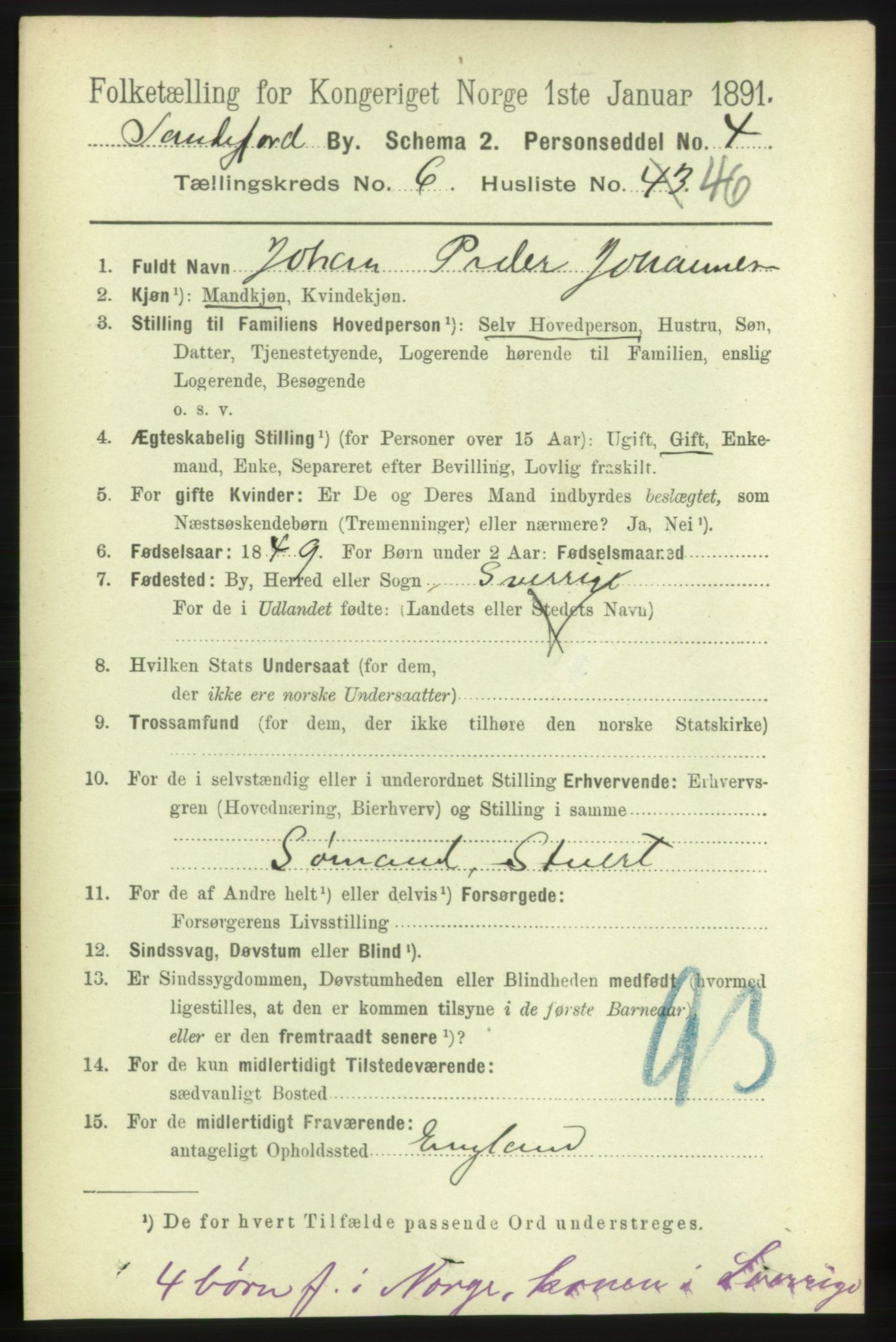 RA, 1891 census for 0706 Sandefjord, 1891, p. 2875