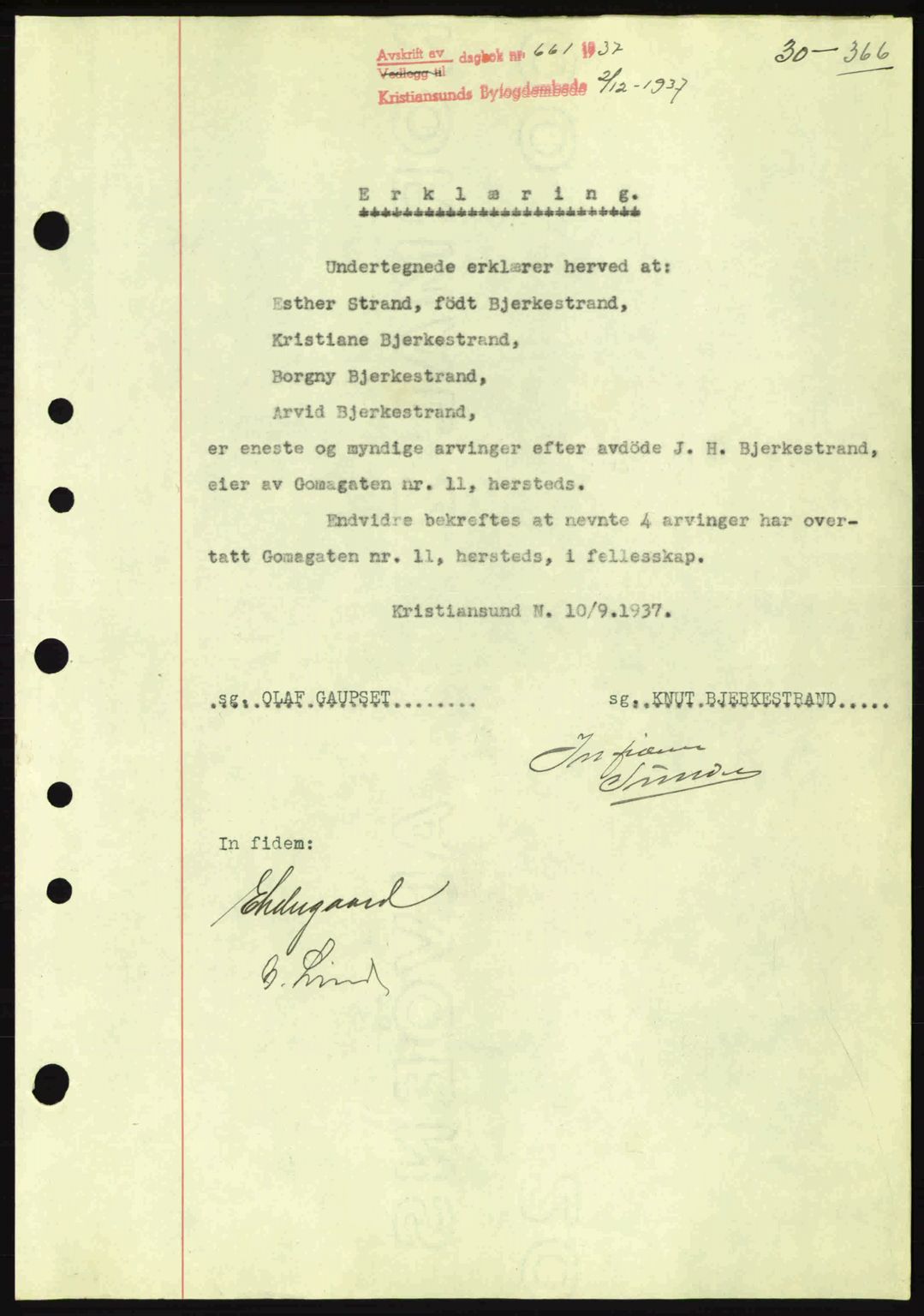 Kristiansund byfogd, AV/SAT-A-4587/A/27: Mortgage book no. 30, 1936-1941, Diary no: : 661/1937