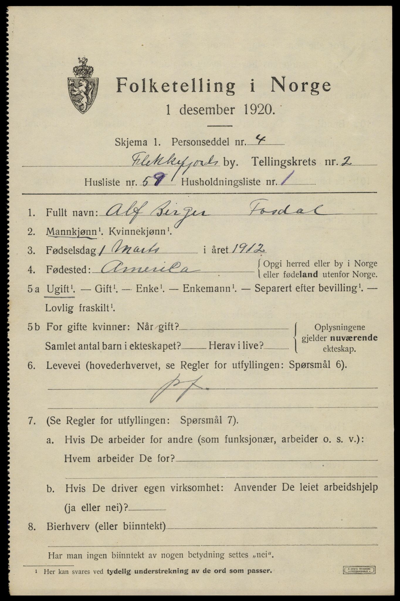 SAK, 1920 census for Flekkefjord, 1920, p. 3200