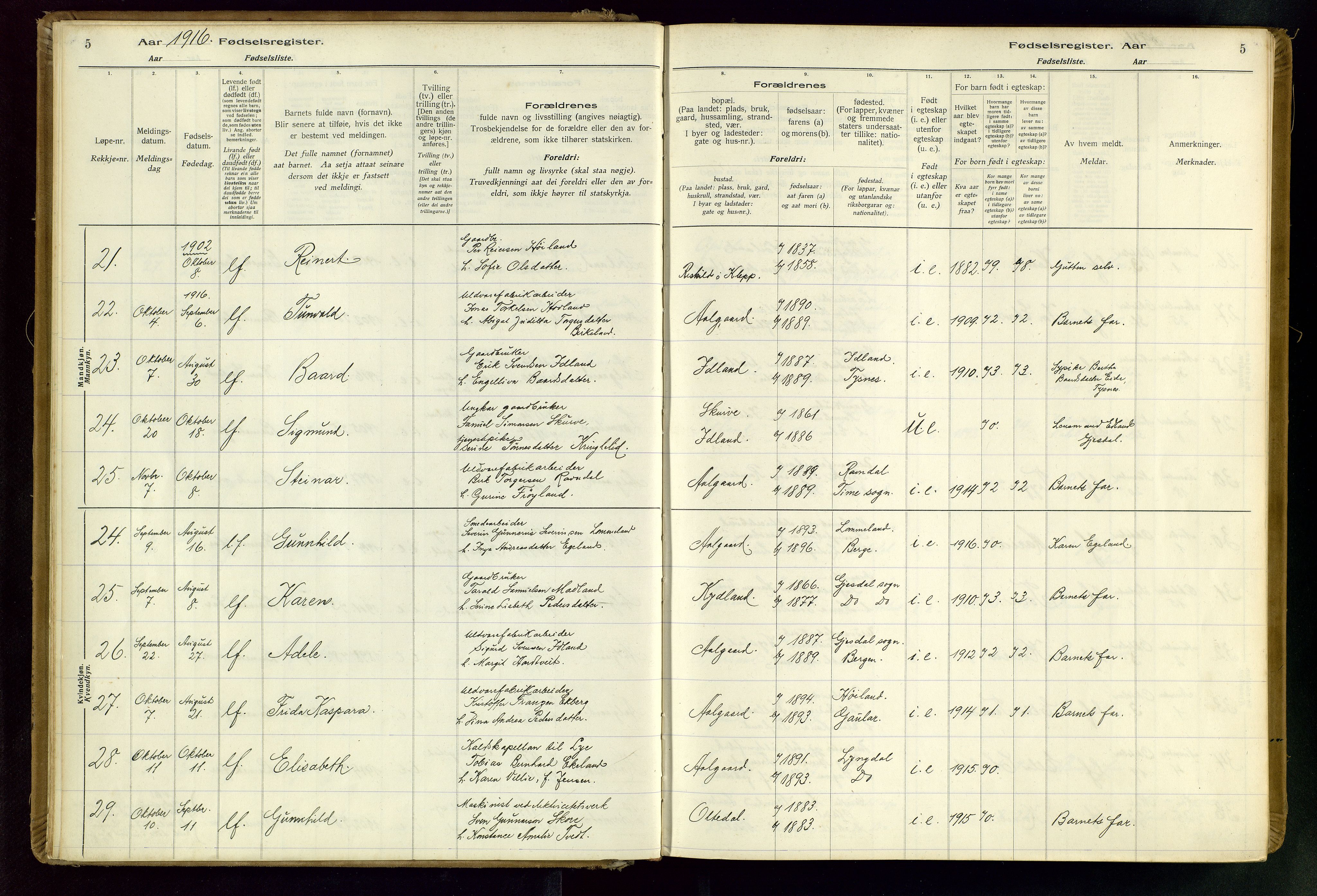 Gjesdal sokneprestkontor, SAST/A-101796/002/O/L0001: Birth register no. 1, 1916-1949, p. 5