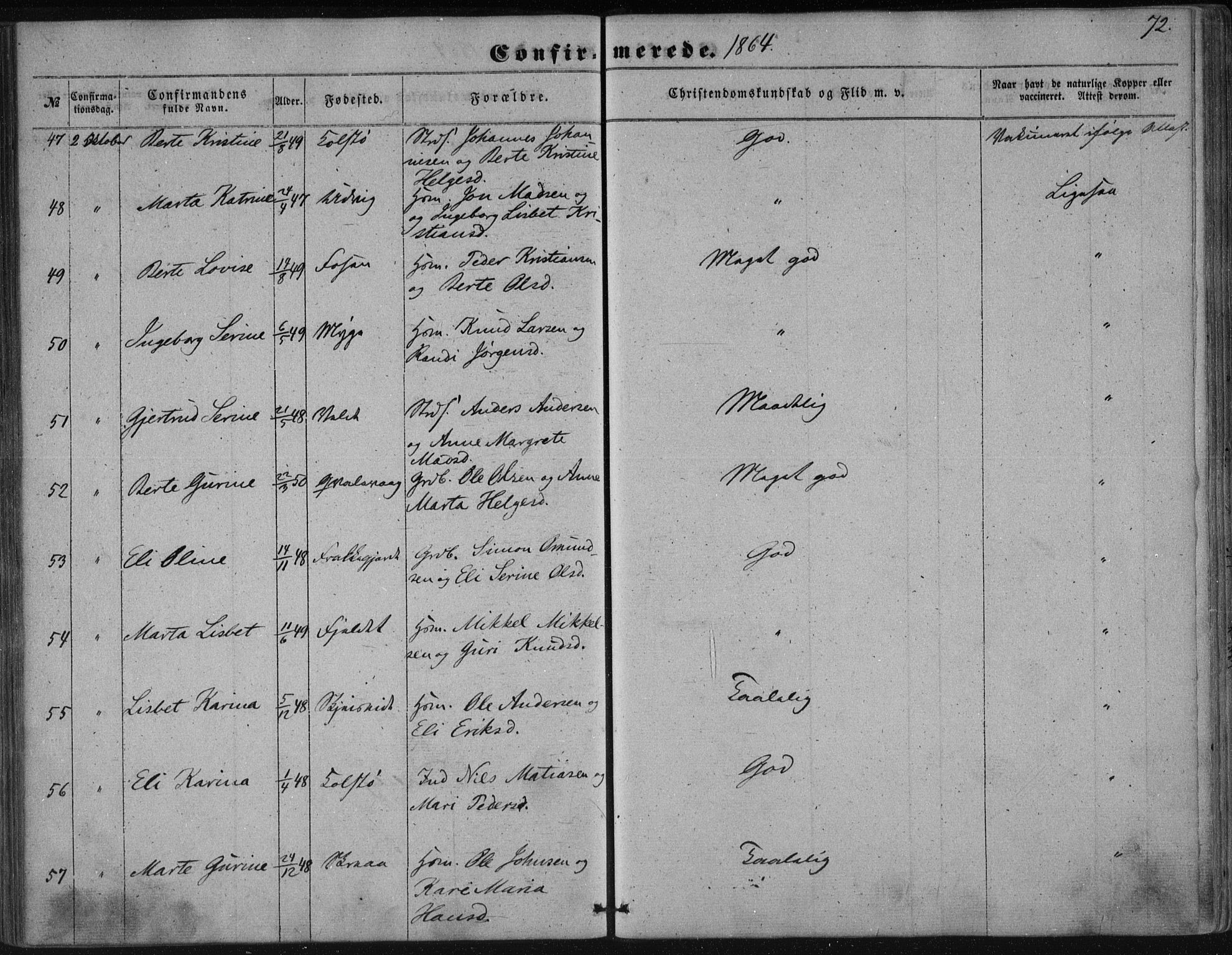 Avaldsnes sokneprestkontor, AV/SAST-A -101851/H/Ha/Haa/L0009: Parish register (official) no. A 9, 1853-1865, p. 72