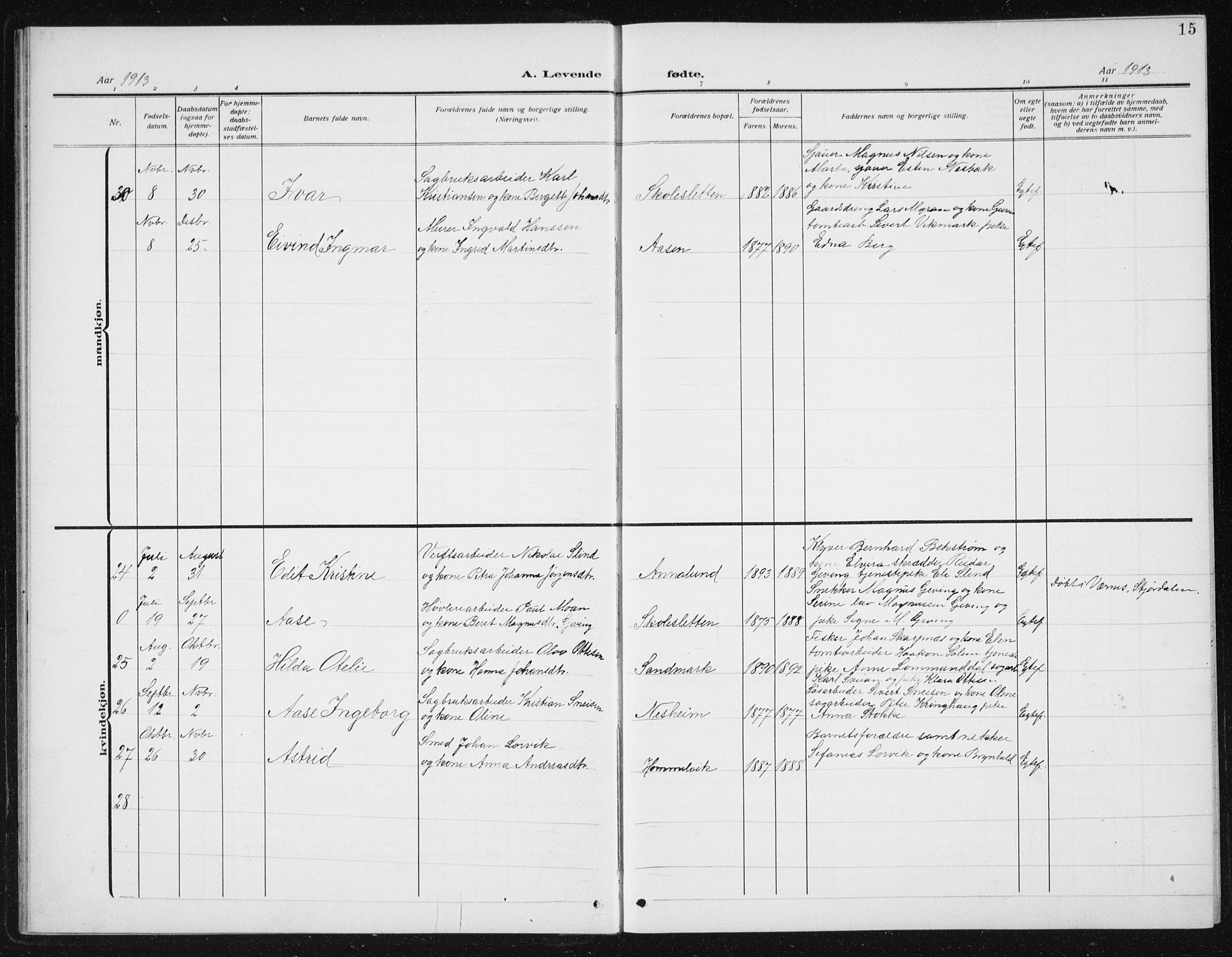 Ministerialprotokoller, klokkerbøker og fødselsregistre - Sør-Trøndelag, SAT/A-1456/617/L0431: Parish register (copy) no. 617C02, 1910-1936, p. 15