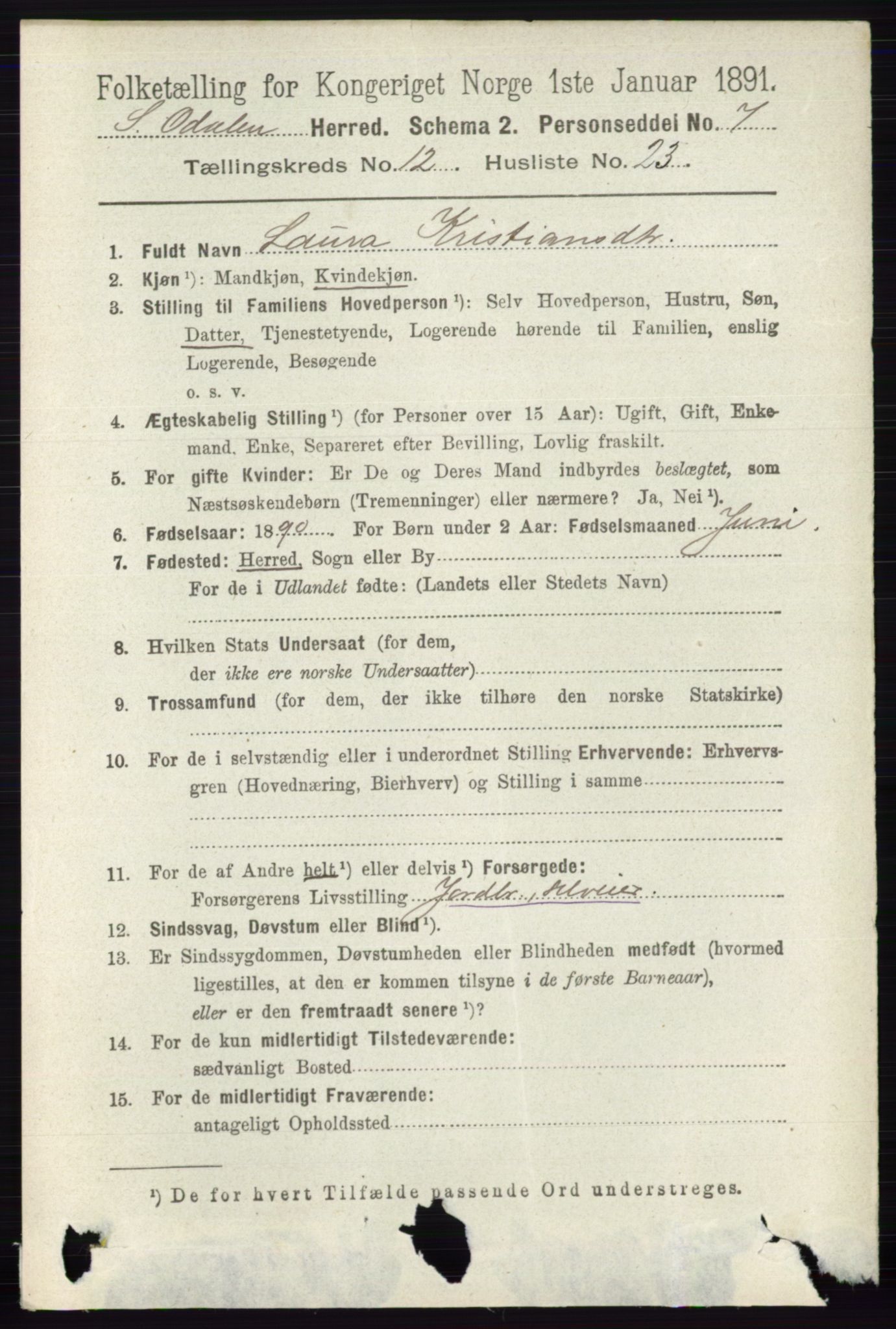 RA, 1891 census for 0419 Sør-Odal, 1891, p. 5504