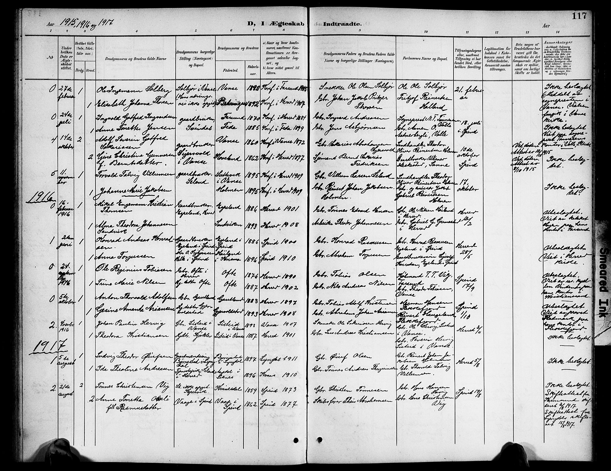 Herad sokneprestkontor, AV/SAK-1111-0018/F/Fb/Fba/L0005: Parish register (copy) no. B 5, 1899-1921, p. 117