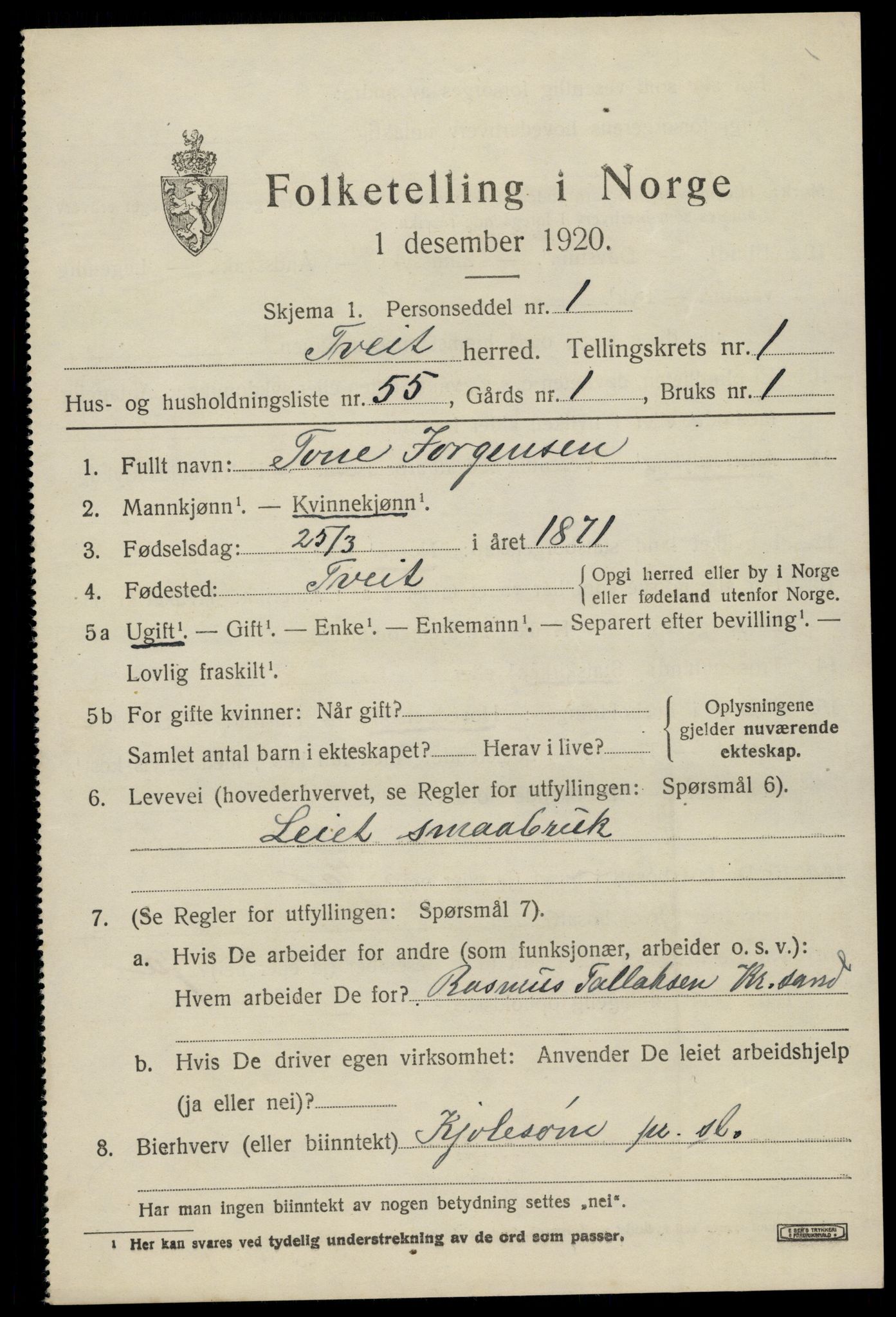 SAK, 1920 census for Tveit, 1920, p. 1222