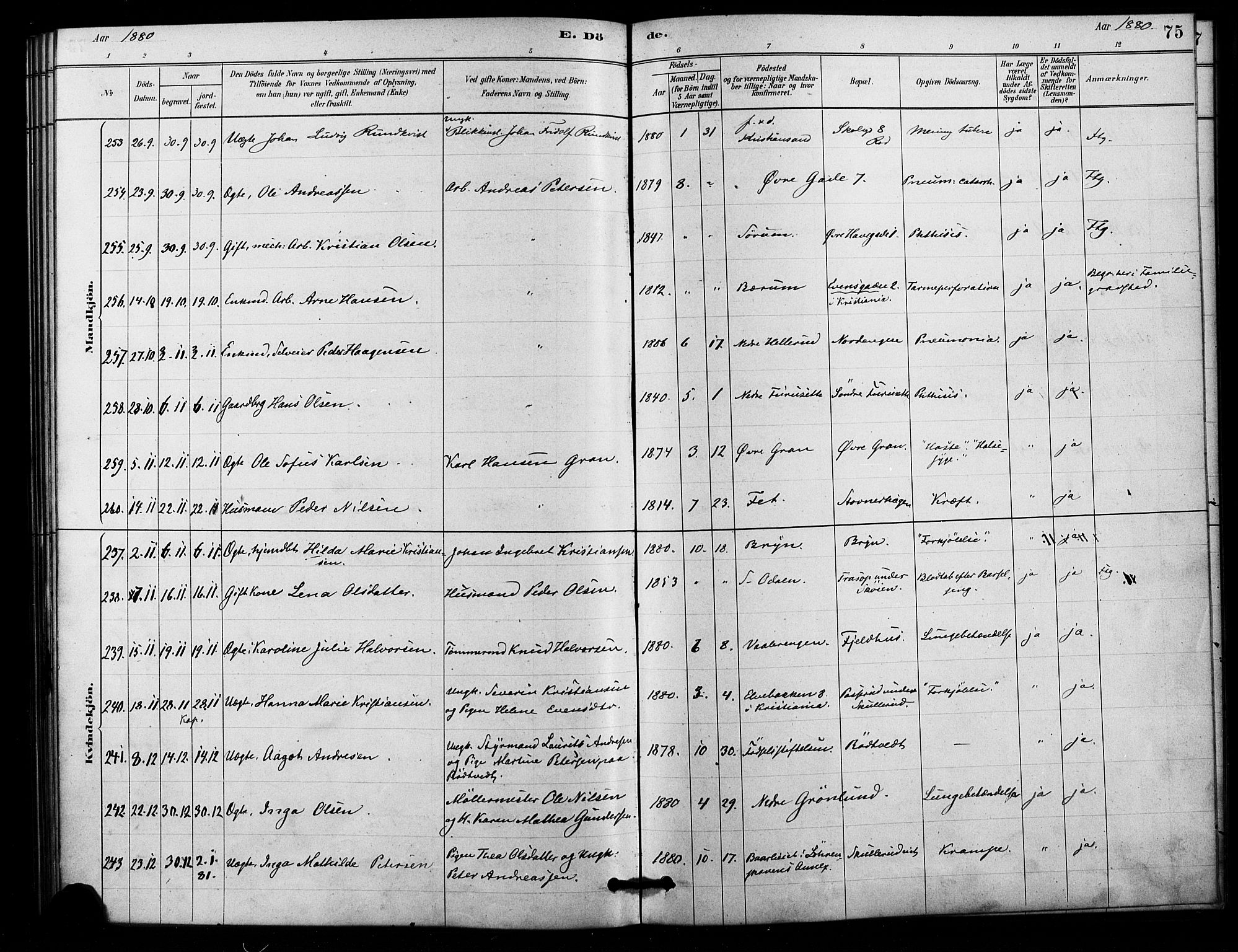 Østre Aker prestekontor Kirkebøker, AV/SAO-A-10840/F/Fa/L0006: Parish register (official) no. I 6, 1879-1882, p. 75