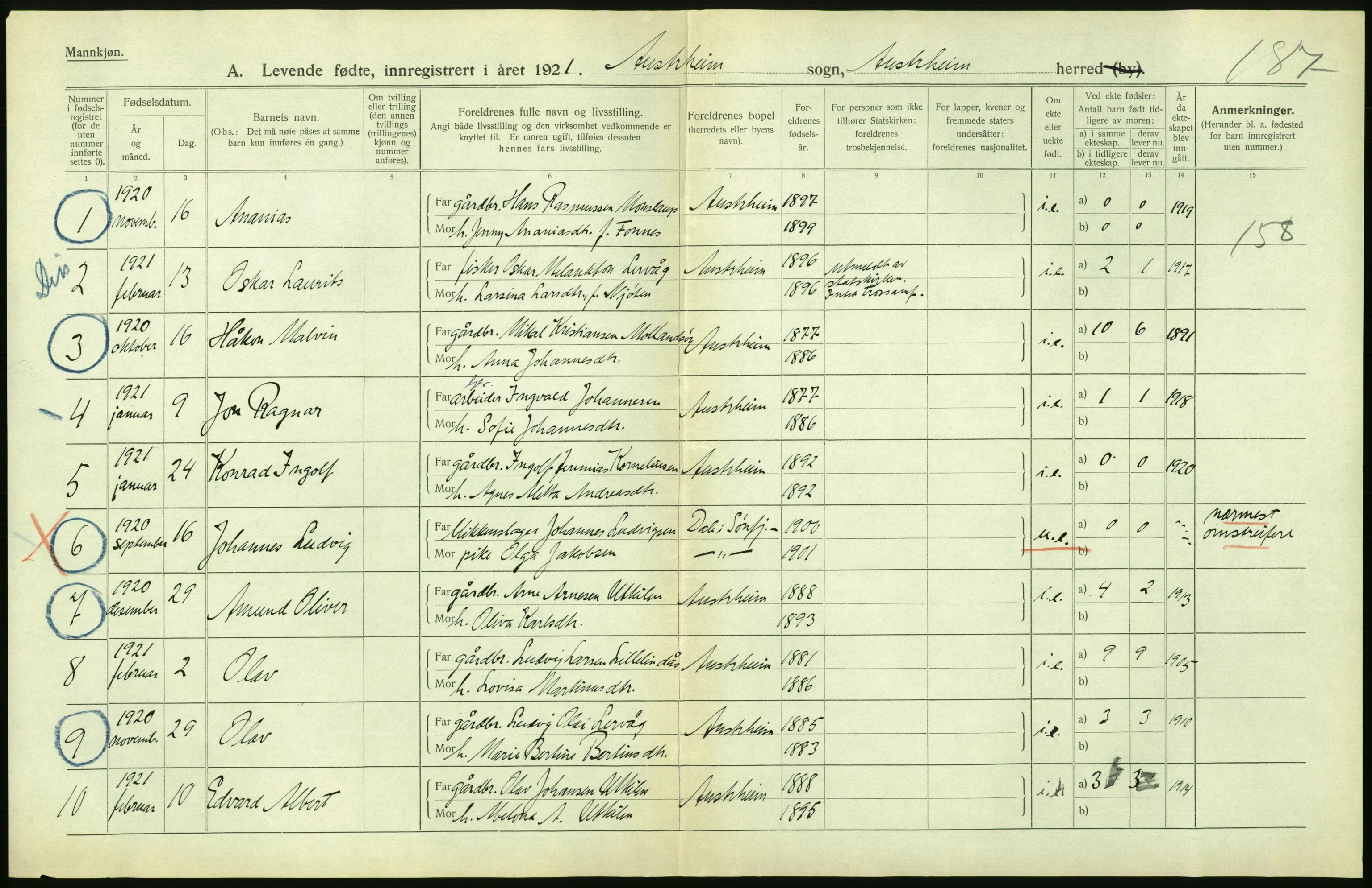 Statistisk sentralbyrå, Sosiodemografiske emner, Befolkning, AV/RA-S-2228/D/Df/Dfc/Dfca/L0031: Hordaland fylke: Levendefødte menn og kvinner. Bygder., 1921, p. 18