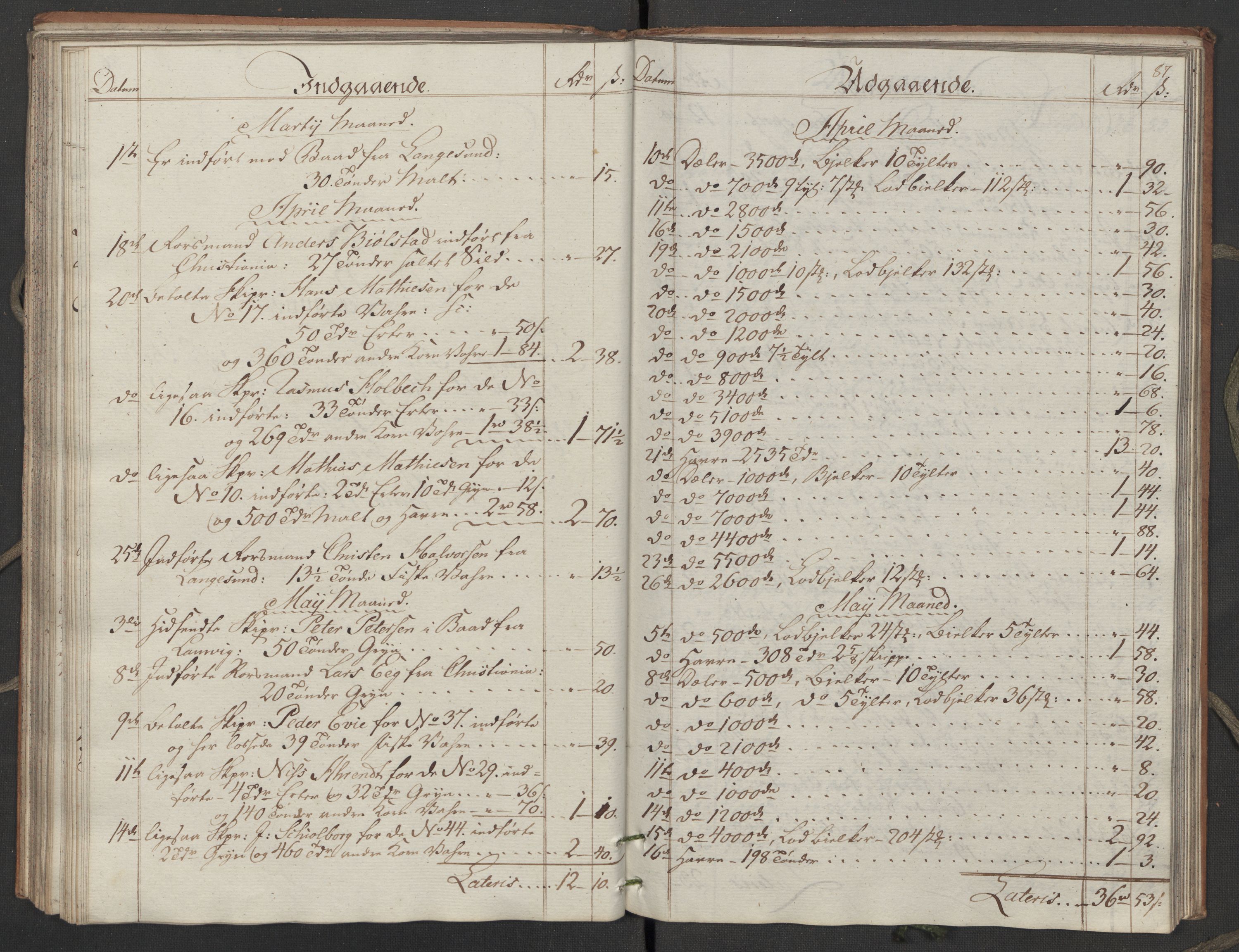 Generaltollkammeret, tollregnskaper, AV/RA-EA-5490/R02/L0110/0001: Tollregnskaper Fredrikstad / Utgående hovedtollbok, 1790-1792, p. 86b-87a