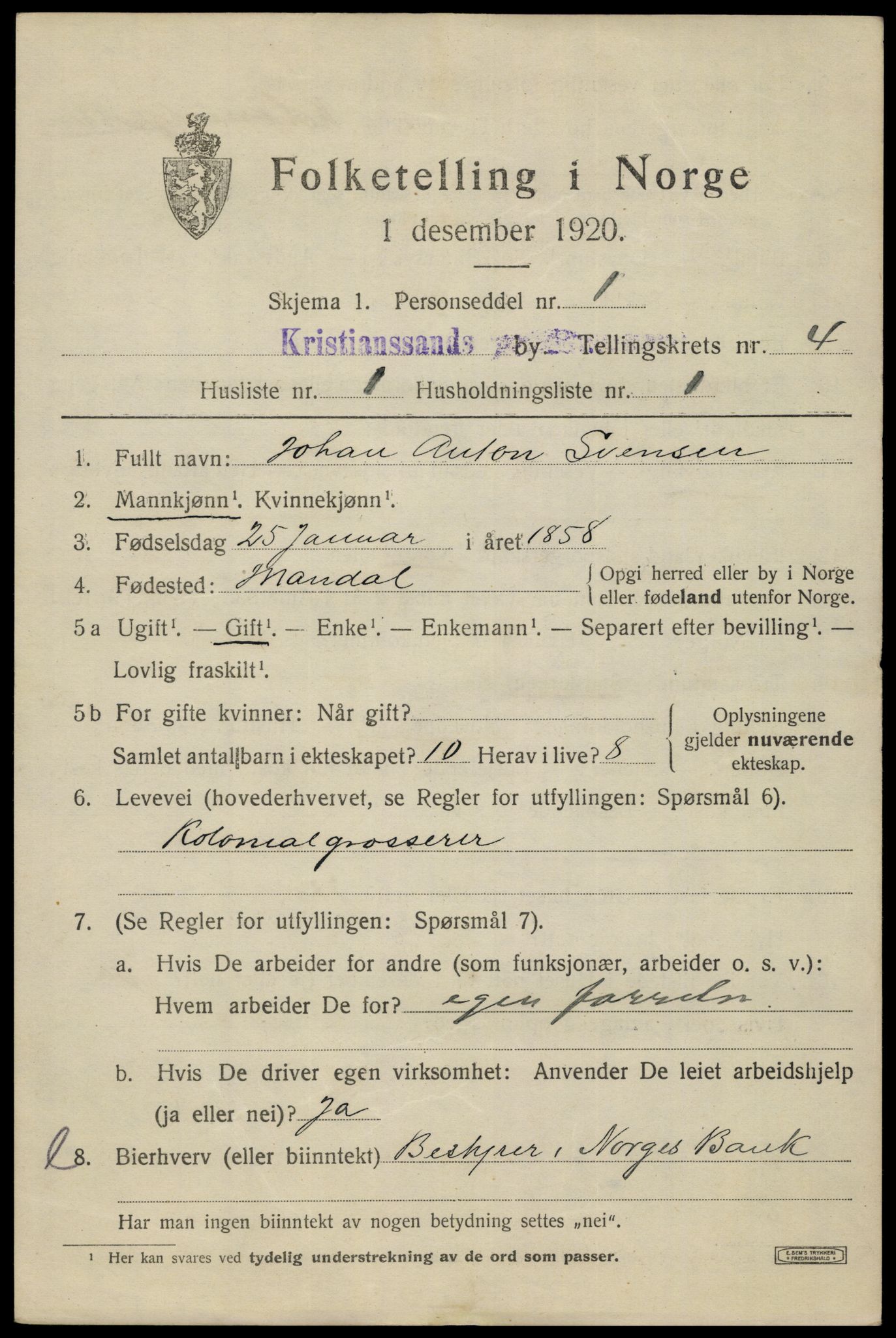 SAK, 1920 census for Kristiansand, 1920, p. 15325