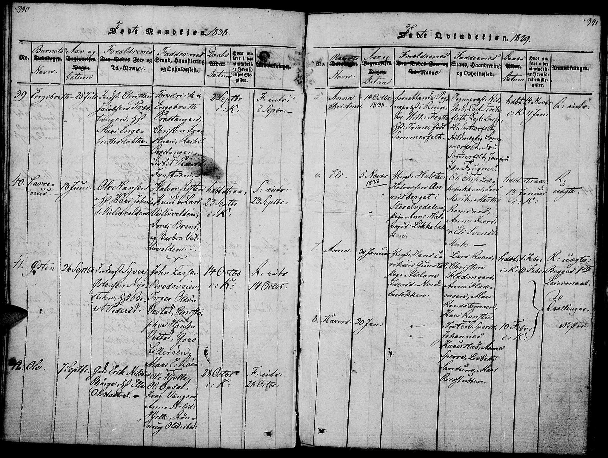 Ringebu prestekontor, SAH/PREST-082/H/Ha/Haa/L0004: Parish register (official) no. 4, 1821-1839, p. 340-341