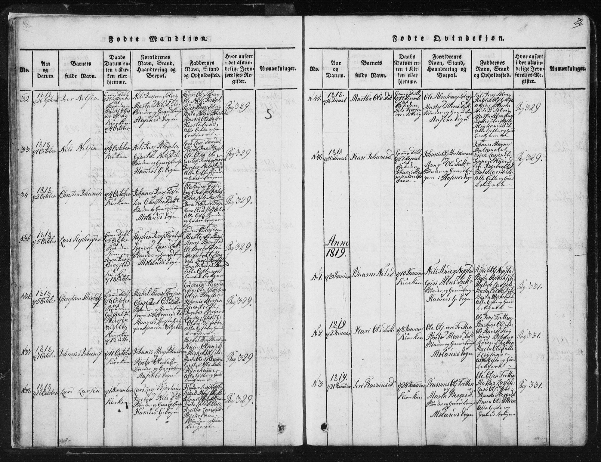 Hamre sokneprestembete, SAB/A-75501/H/Ha/Haa/Haaa/L0010: Parish register (official) no. A 10, 1816-1826, p. 22