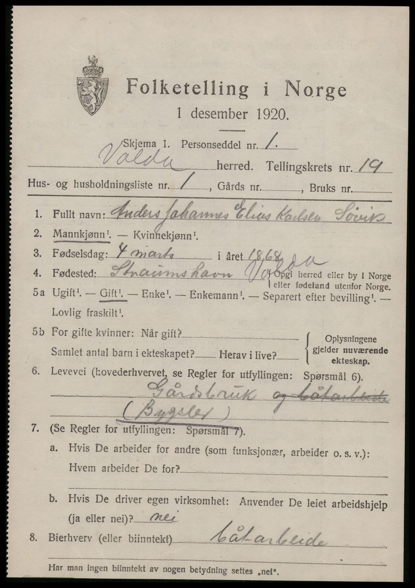 SAT, 1920 census for Volda, 1920, p. 10110