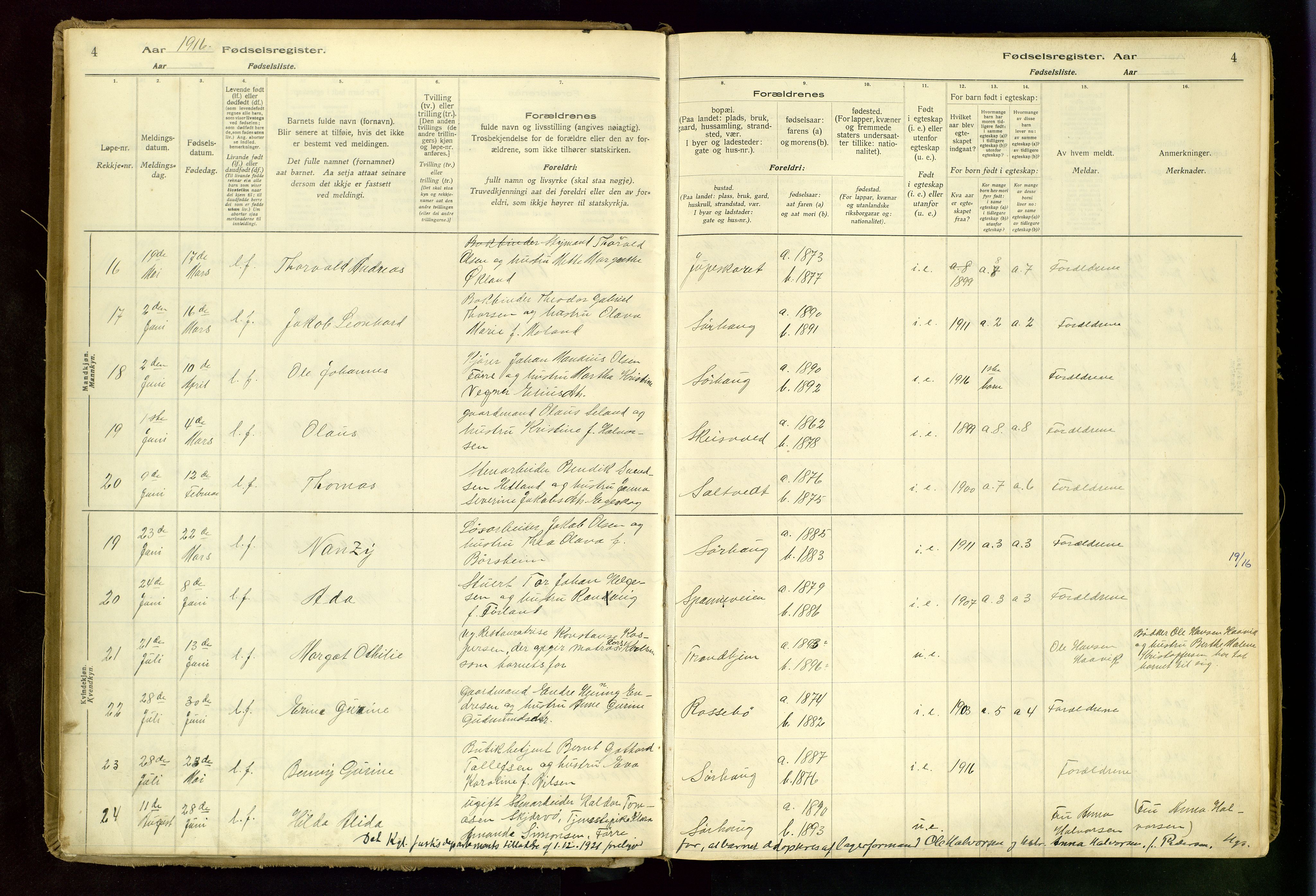 Haugesund sokneprestkontor, AV/SAST-A -101863/I/Id/L0001: Birth register no. 1, 1916-1935, p. 4