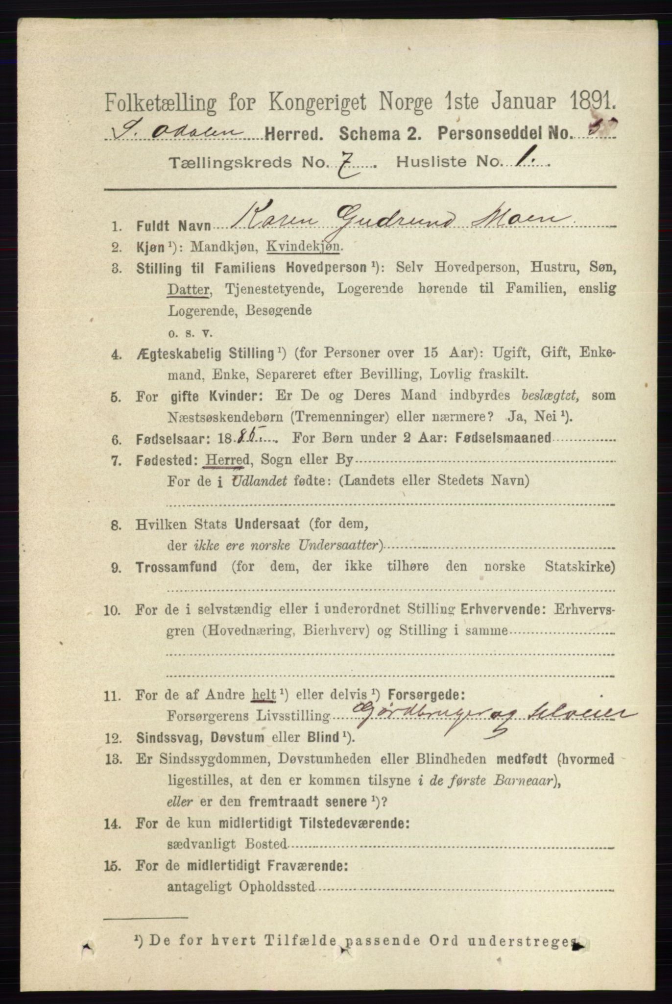 RA, 1891 census for 0419 Sør-Odal, 1891, p. 3559