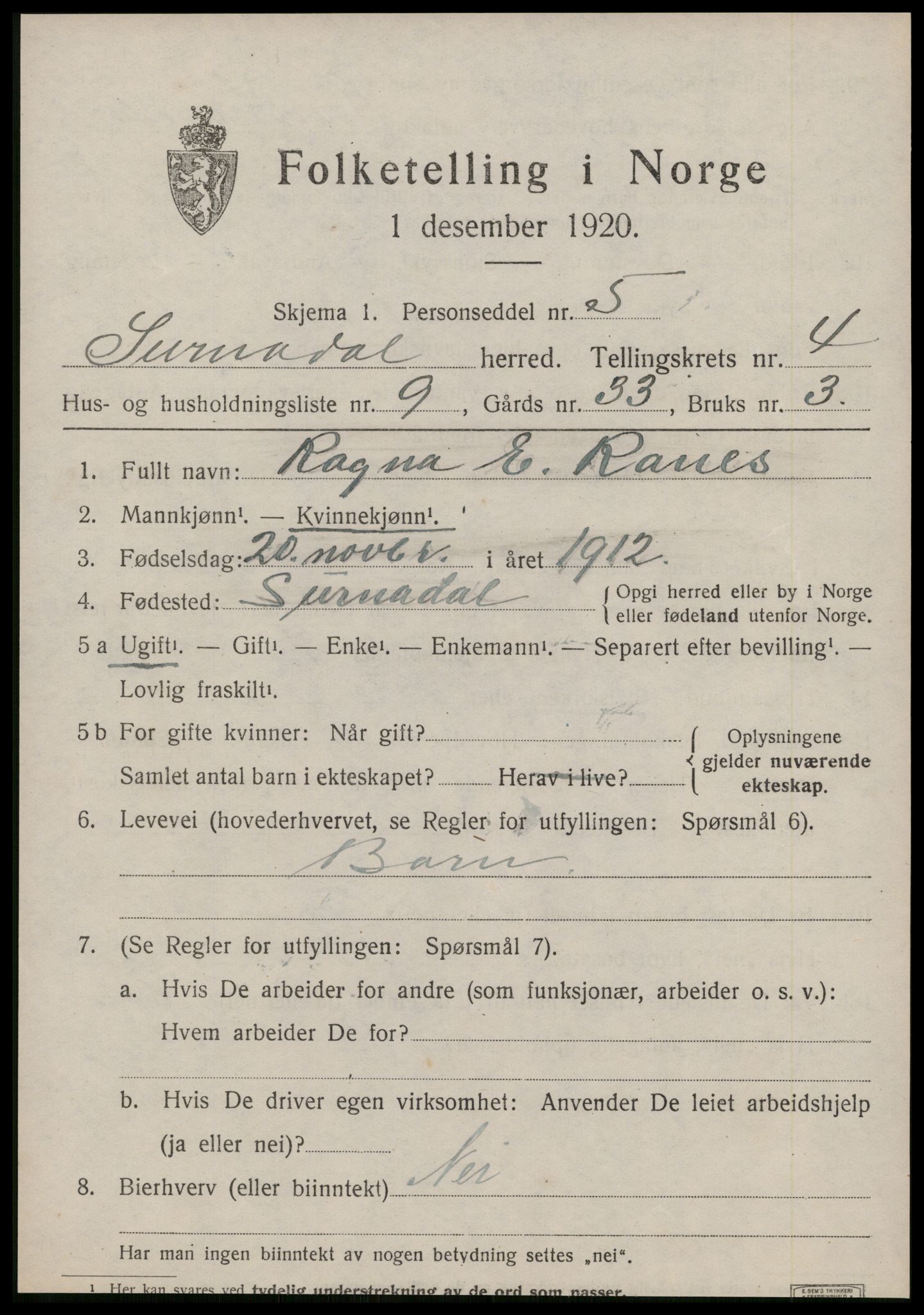 SAT, 1920 census for Surnadal, 1920, p. 3179