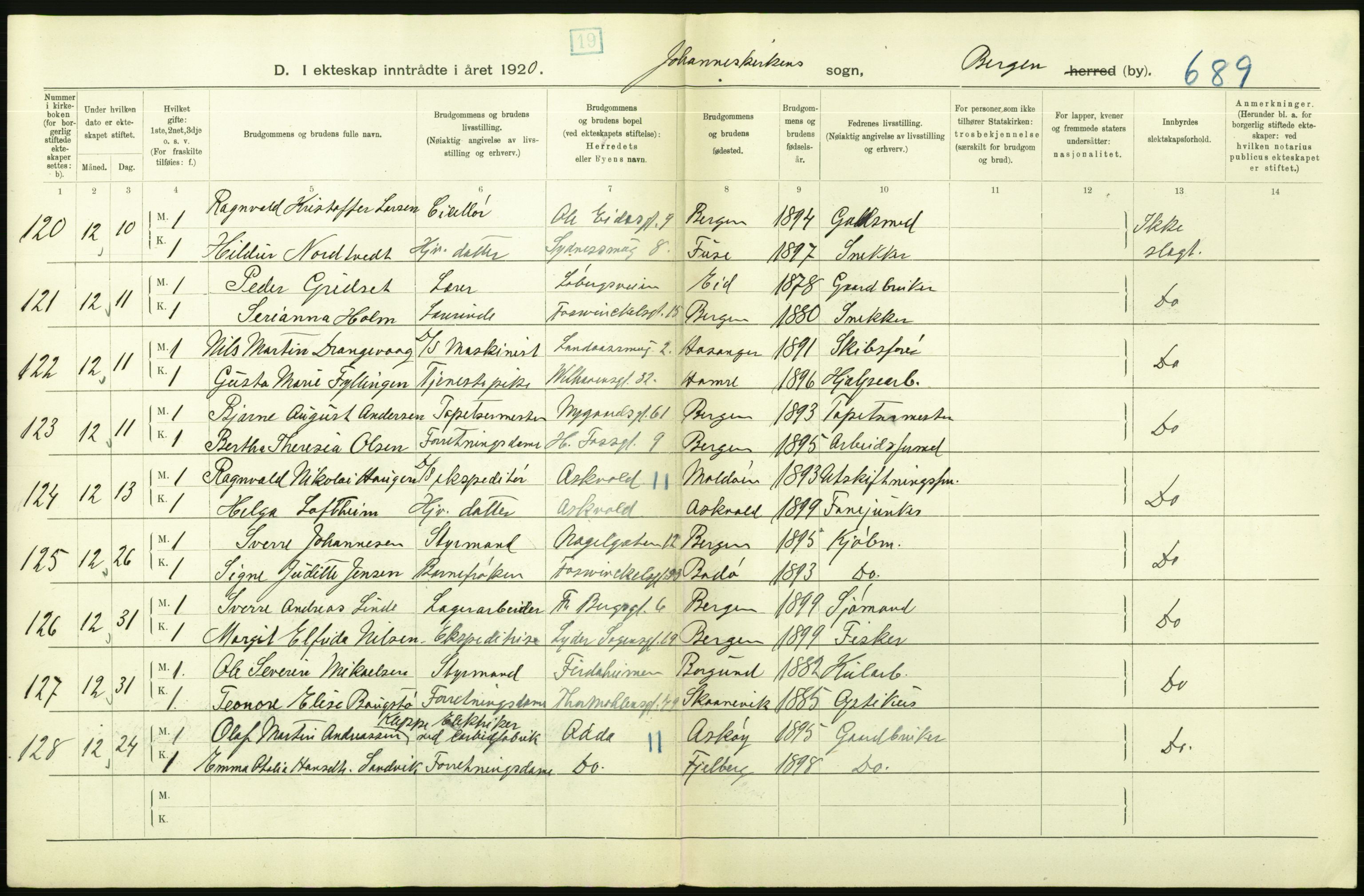 Statistisk sentralbyrå, Sosiodemografiske emner, Befolkning, AV/RA-S-2228/D/Df/Dfb/Dfbj/L0042: Bergen: Gifte, døde, dødfødte., 1920, p. 156