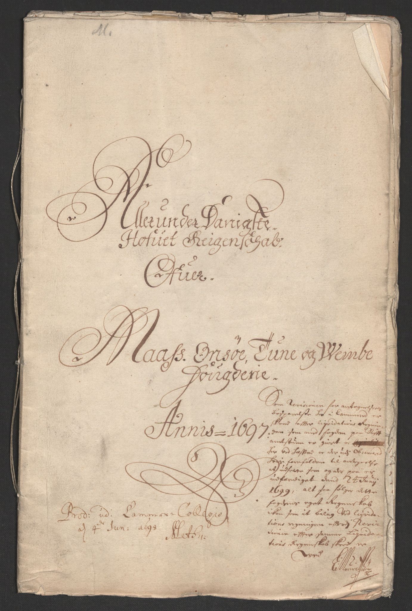 Rentekammeret inntil 1814, Reviderte regnskaper, Fogderegnskap, AV/RA-EA-4092/R04/L0125: Fogderegnskap Moss, Onsøy, Tune, Veme og Åbygge, 1697, p. 3