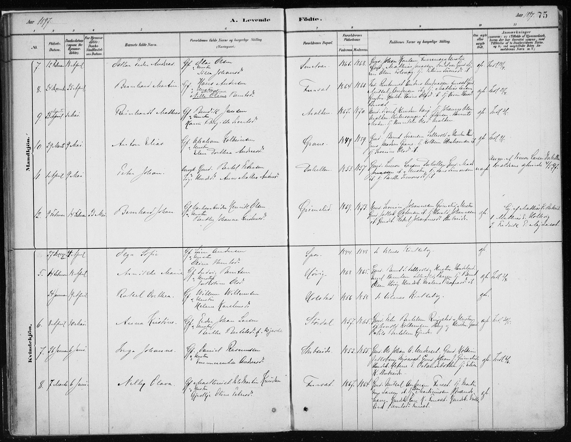 Askvoll sokneprestembete, AV/SAB-A-79501/H/Haa/Haab/L0002: Parish register (official) no. B 2, 1879-1909, p. 75