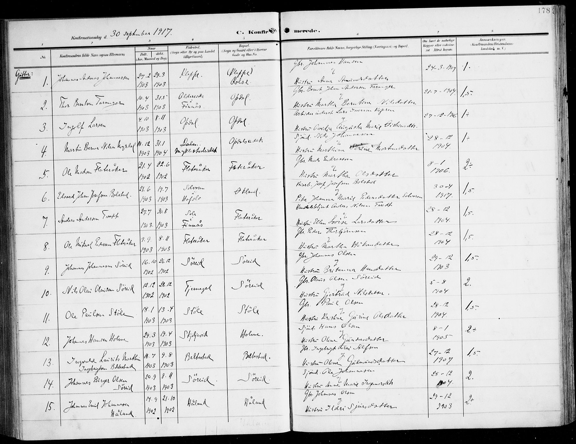 Tysnes sokneprestembete, AV/SAB-A-78601/H/Haa: Parish register (official) no. D 2, 1905-1922, p. 178