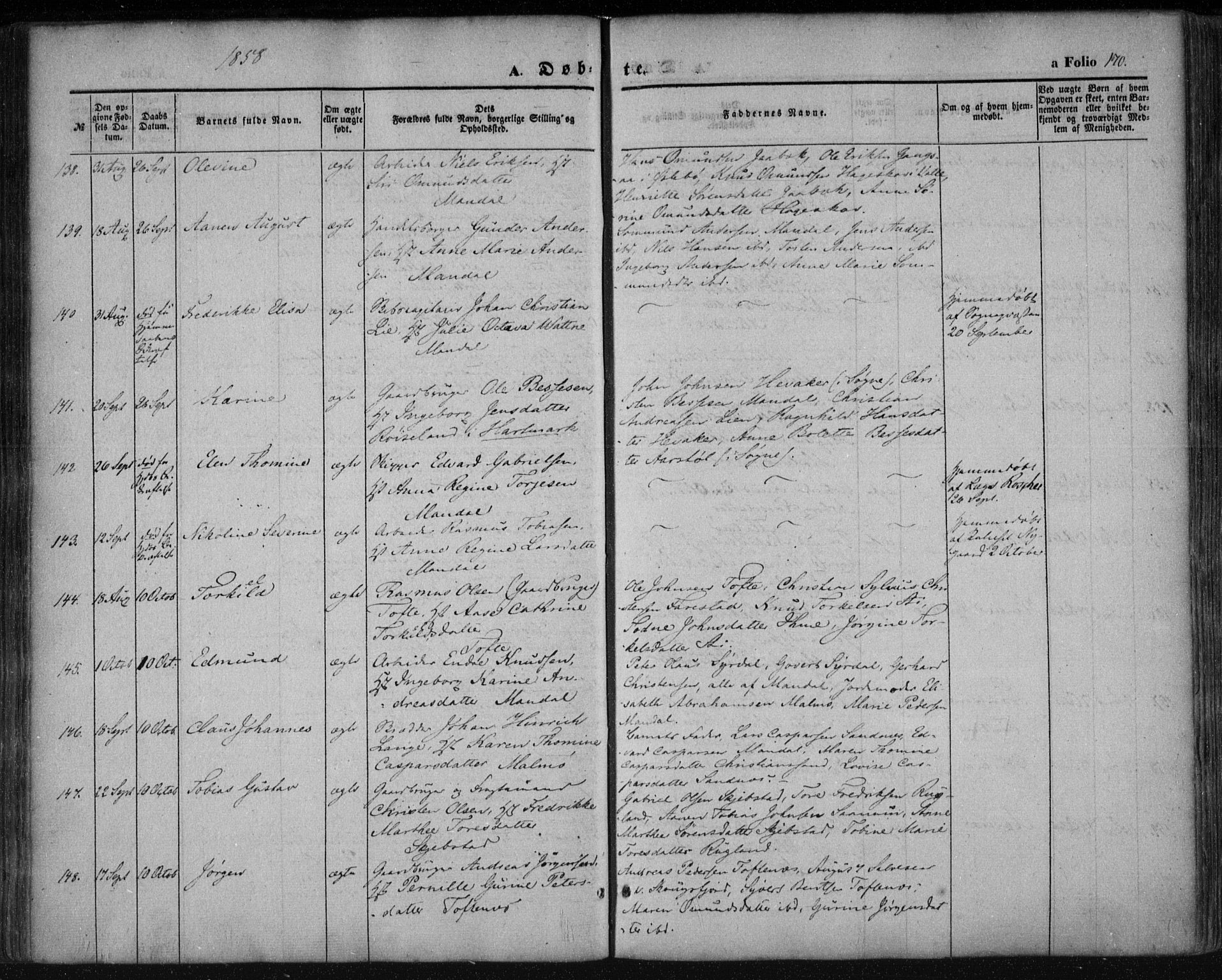 Mandal sokneprestkontor, AV/SAK-1111-0030/F/Fa/Faa/L0013: Parish register (official) no. A 13, 1847-1859, p. 170