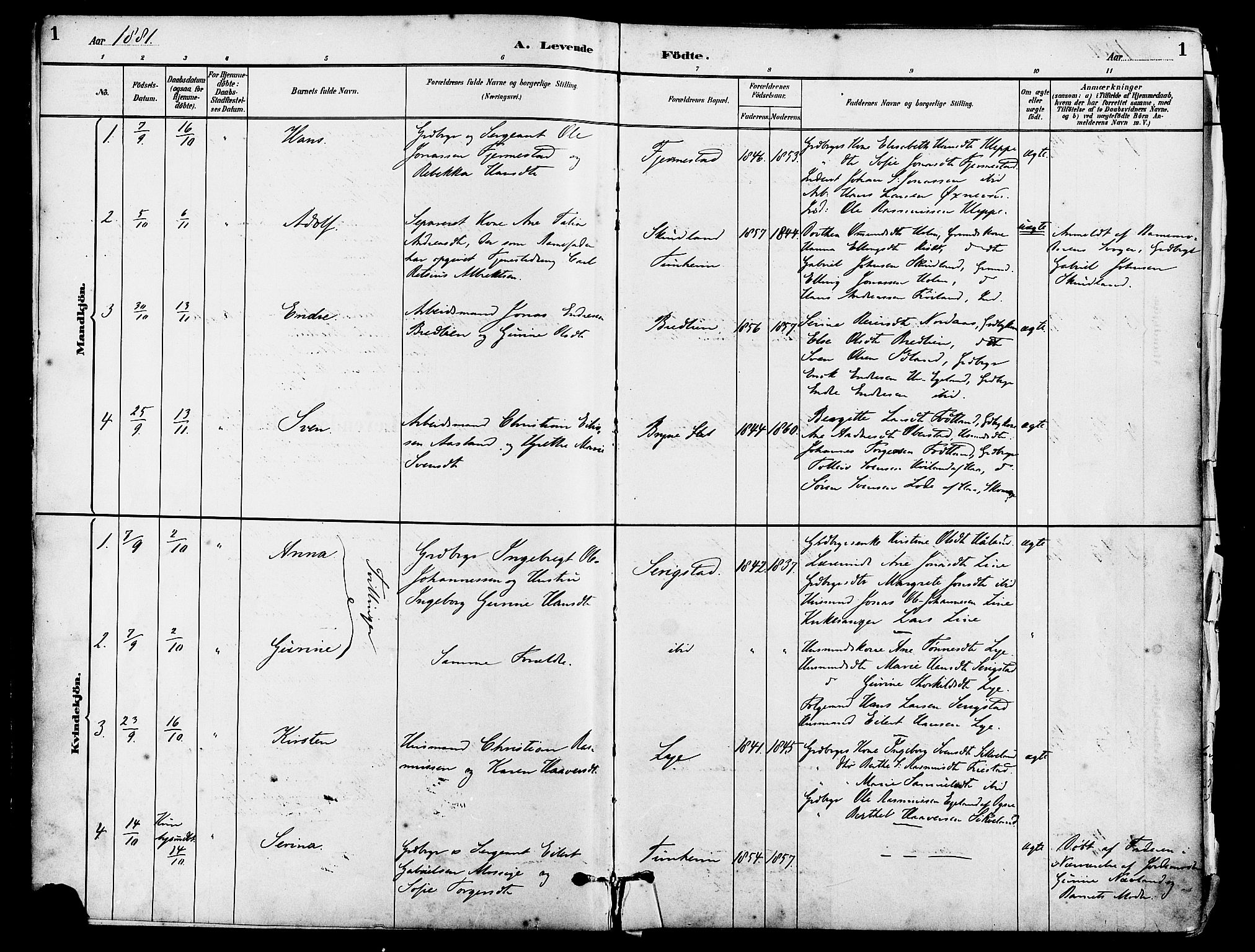 Lye sokneprestkontor, SAST/A-101794/001/30BA/L0009: Parish register (official) no. A 8, 1881-1892, p. 1
