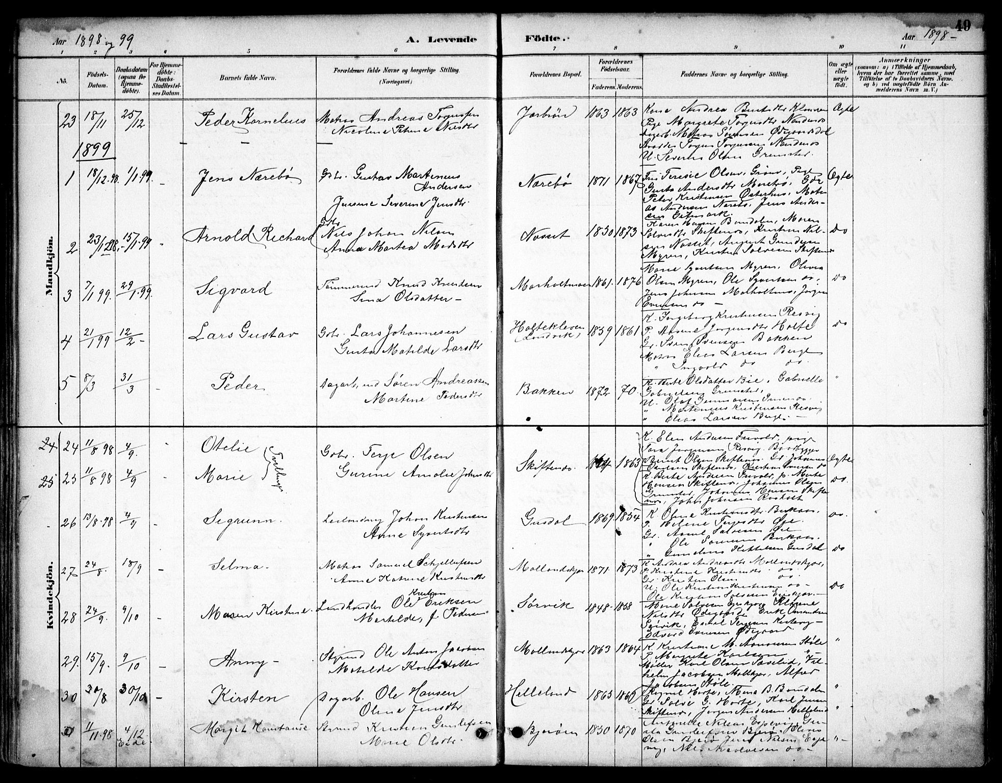 Hommedal sokneprestkontor, SAK/1111-0023/F/Fb/Fbb/L0007: Parish register (copy) no. B 7, 1885-1904, p. 49