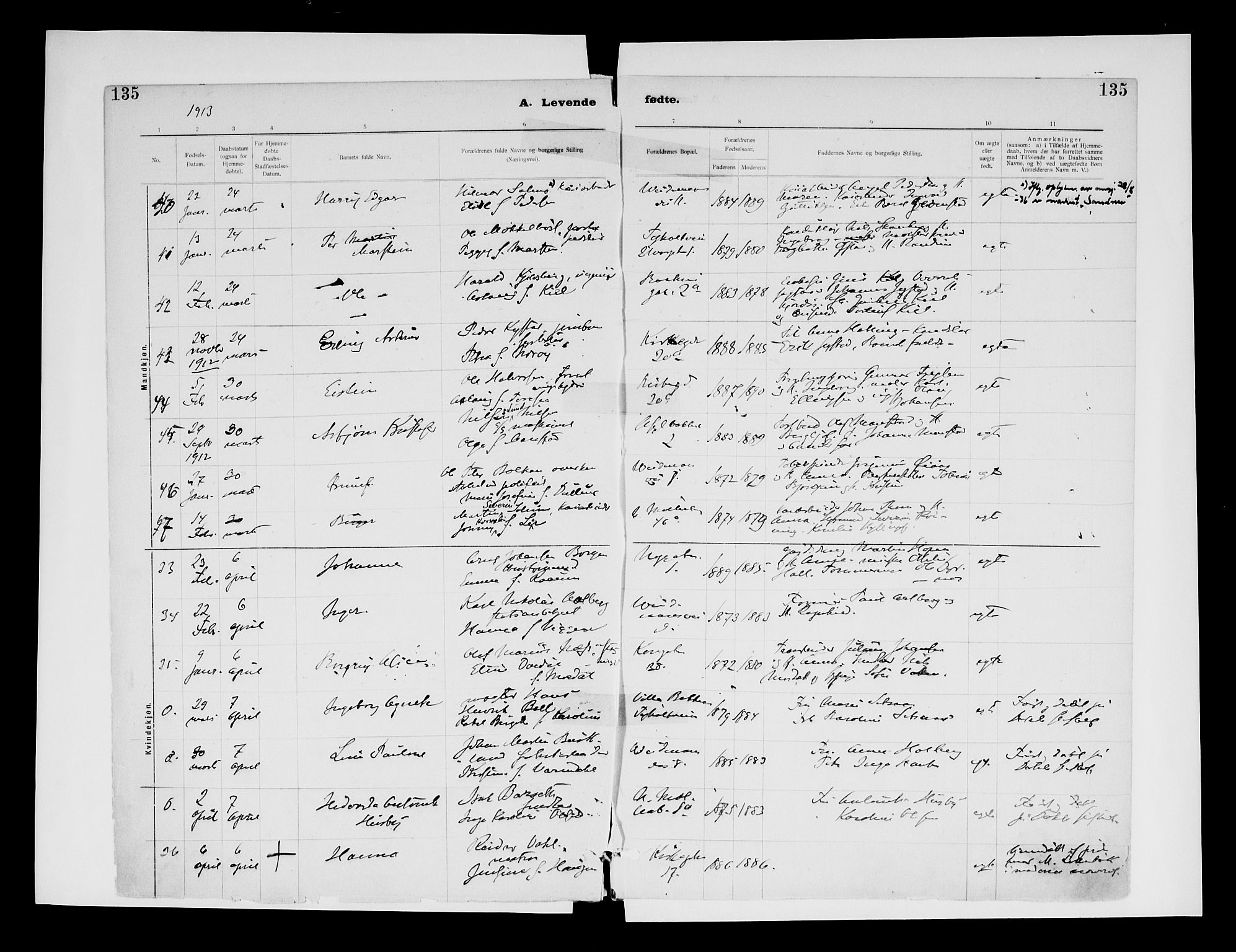 Ministerialprotokoller, klokkerbøker og fødselsregistre - Sør-Trøndelag, SAT/A-1456/604/L0203: Parish register (official) no. 604A23, 1908-1916, p. 135