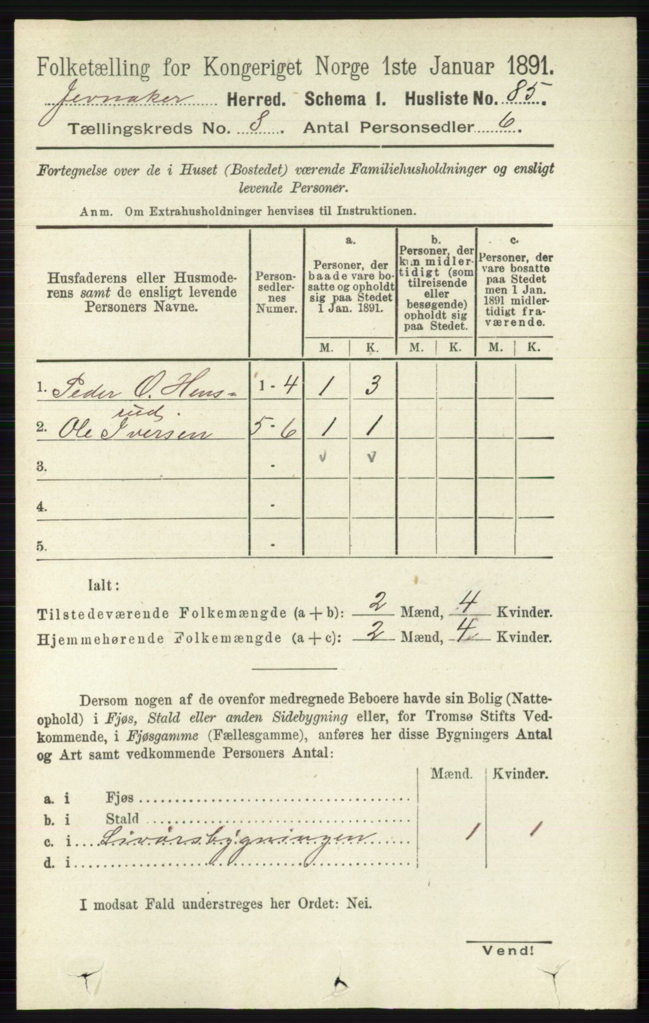 RA, 1891 census for 0532 Jevnaker, 1891, p. 4335