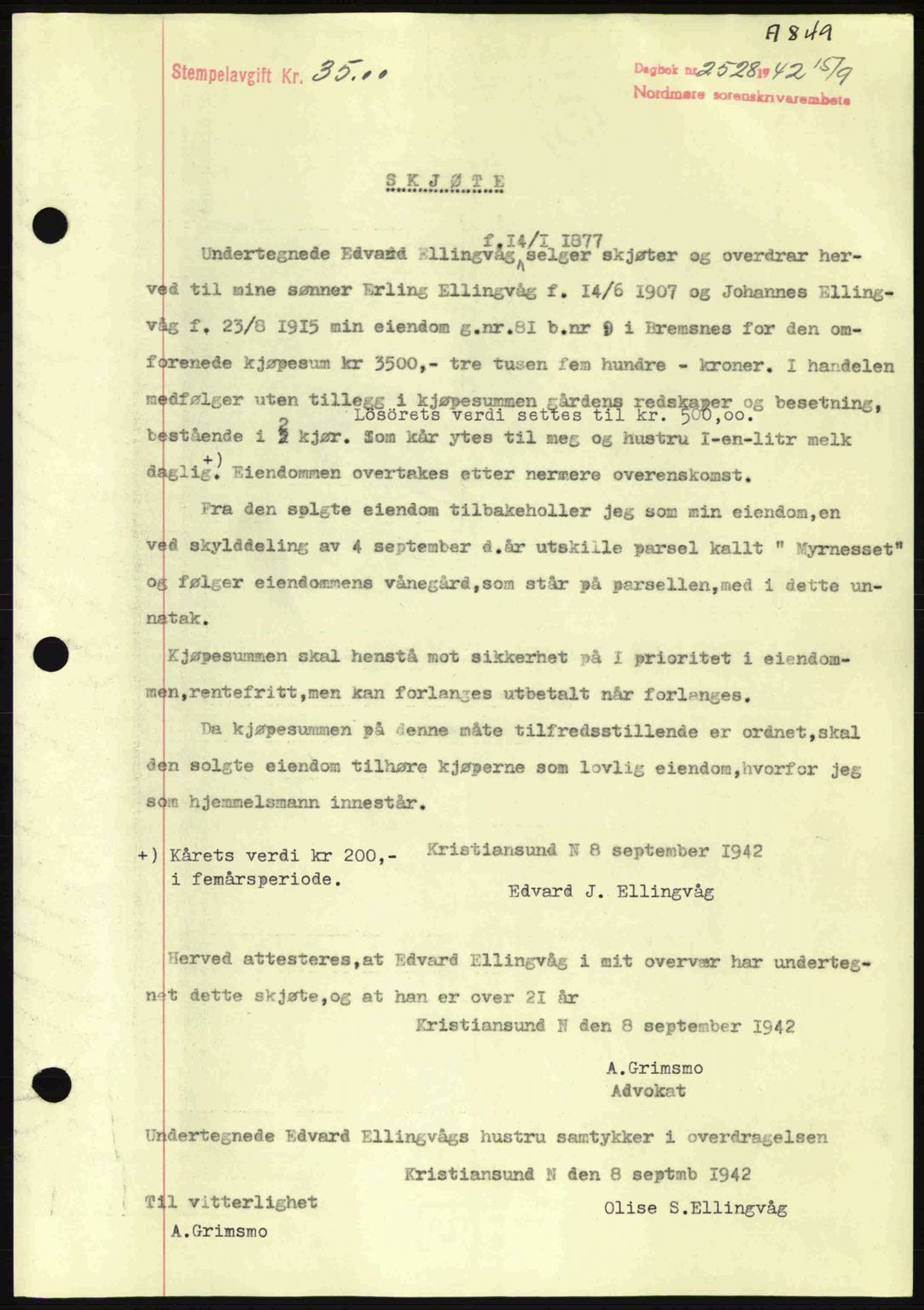 Nordmøre sorenskriveri, AV/SAT-A-4132/1/2/2Ca: Mortgage book no. A93, 1942-1942, Diary no: : 2528/1942