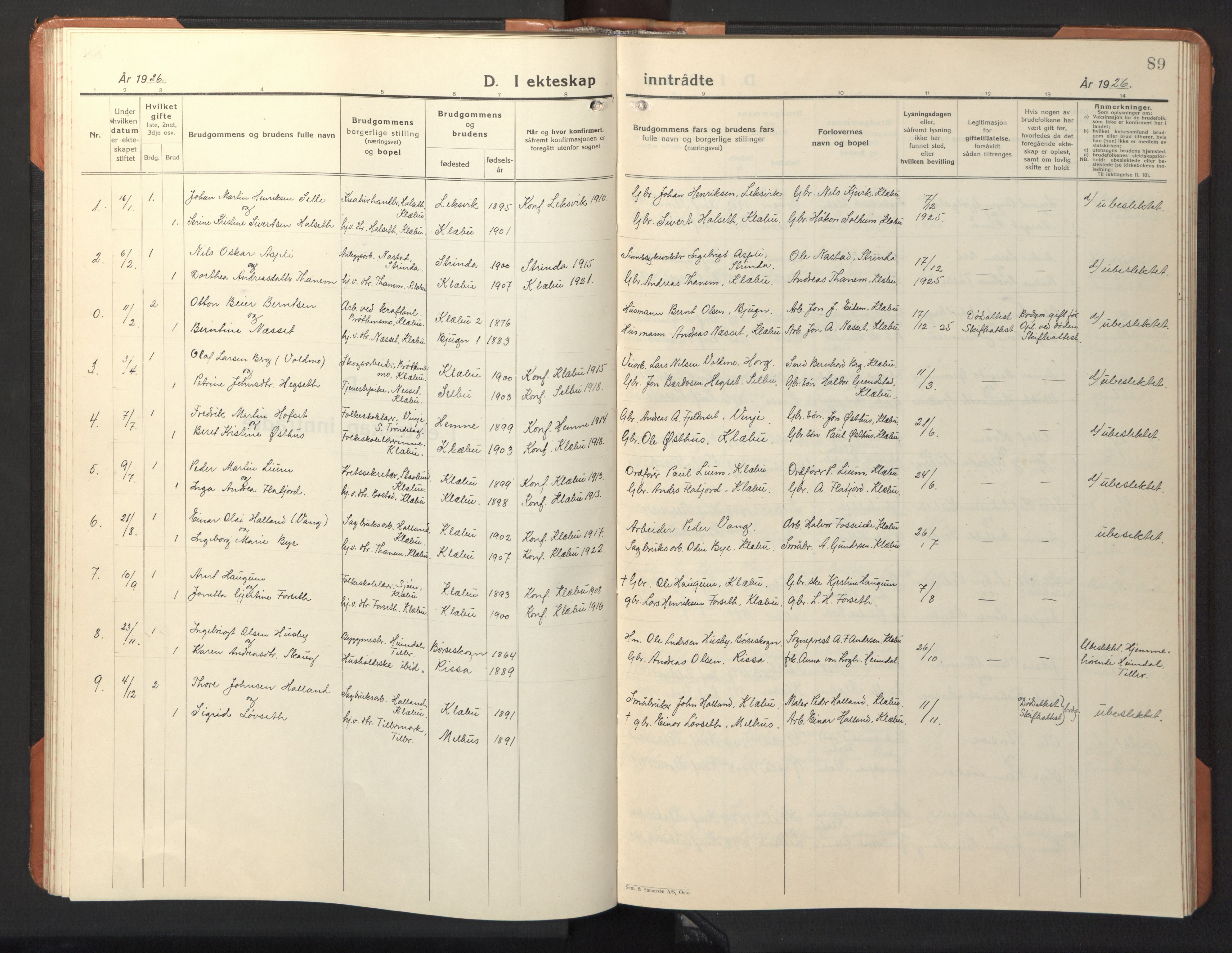 Ministerialprotokoller, klokkerbøker og fødselsregistre - Sør-Trøndelag, SAT/A-1456/618/L0454: Parish register (copy) no. 618C05, 1926-1946, p. 89