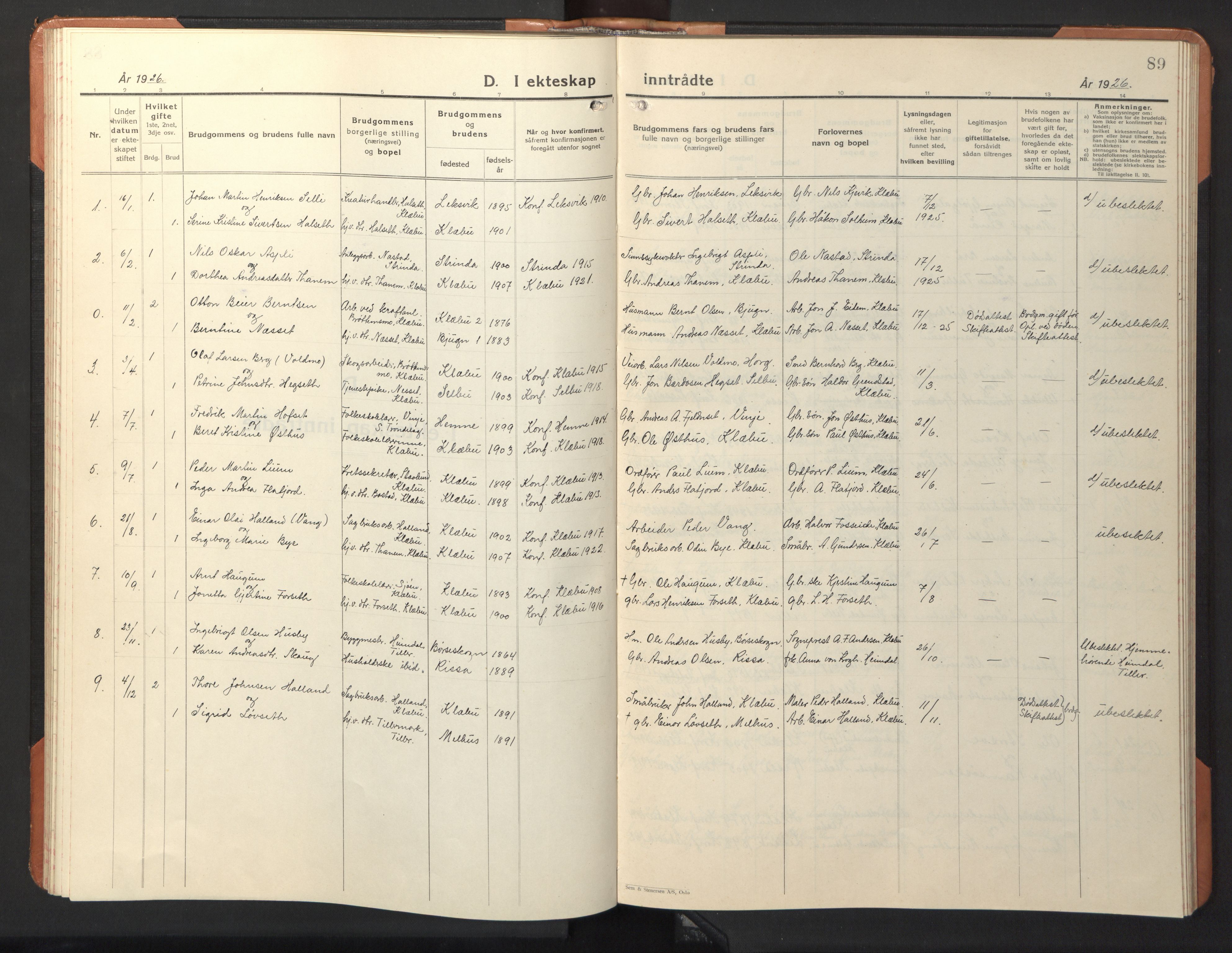Ministerialprotokoller, klokkerbøker og fødselsregistre - Sør-Trøndelag, AV/SAT-A-1456/618/L0454: Parish register (copy) no. 618C05, 1926-1946, p. 89