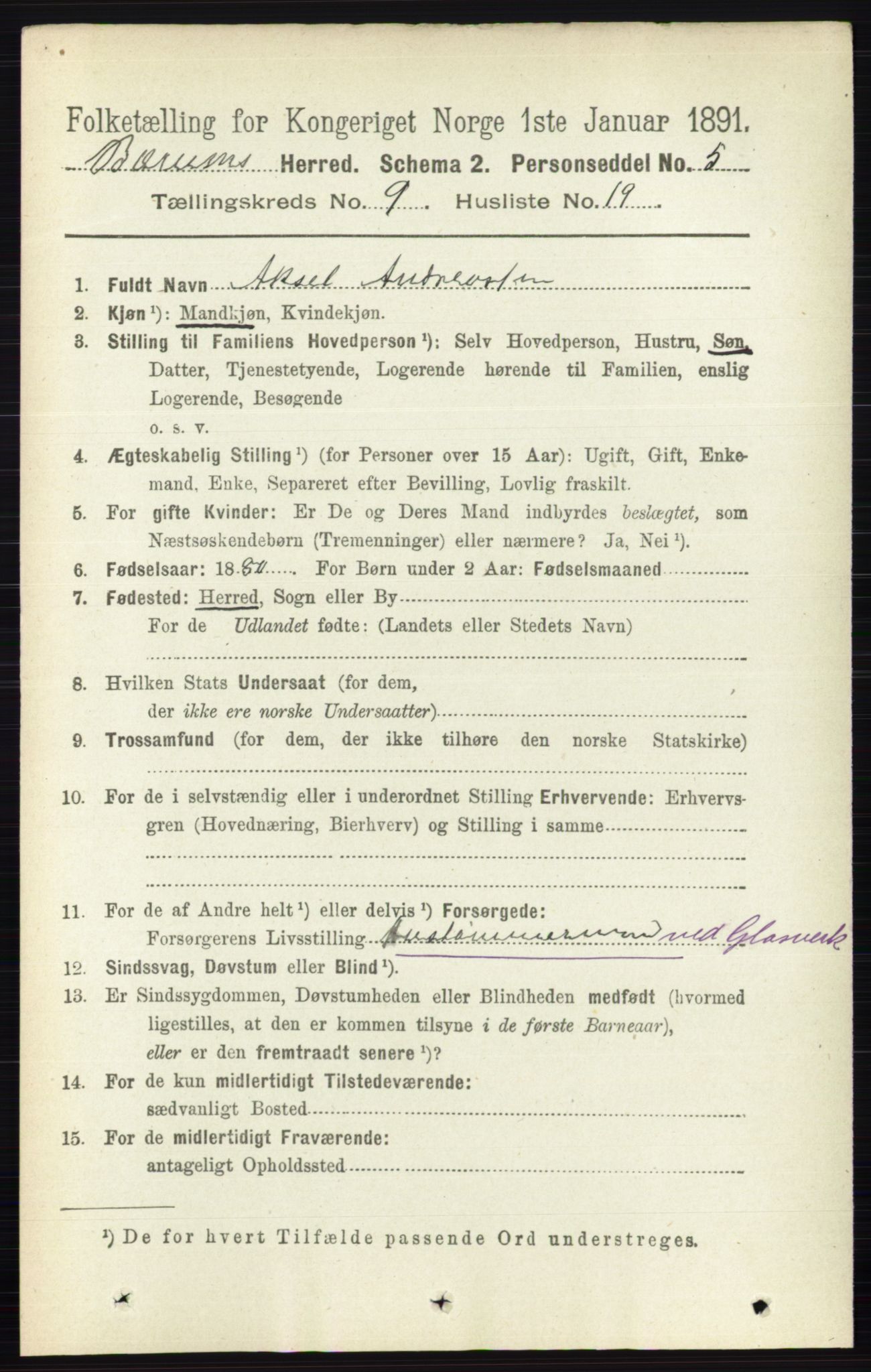 RA, 1891 census for 0219 Bærum, 1891, p. 5284