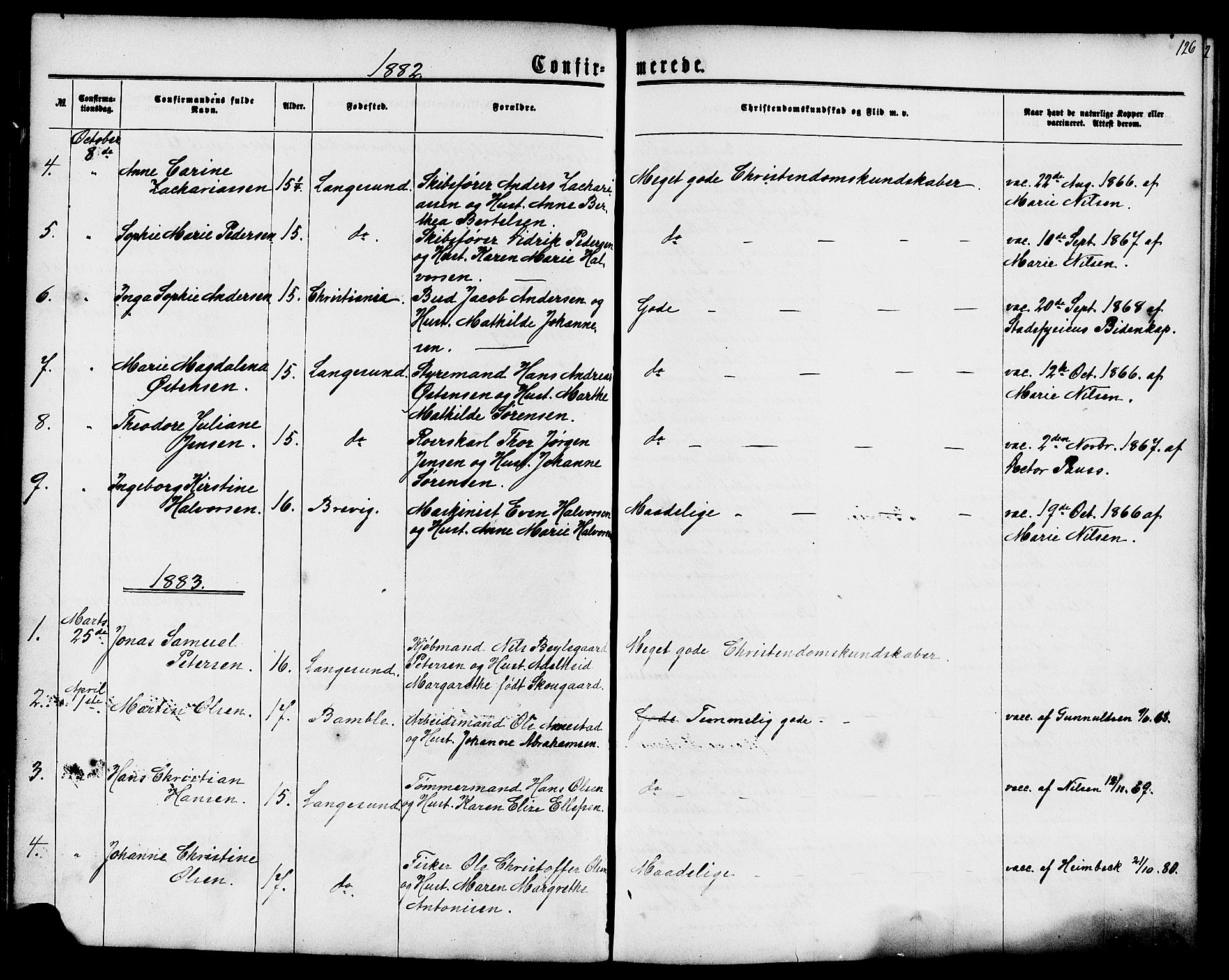 Langesund kirkebøker, SAKO/A-280/G/Ga/L0004: Parish register (copy) no. 4, 1859-1884, p. 126