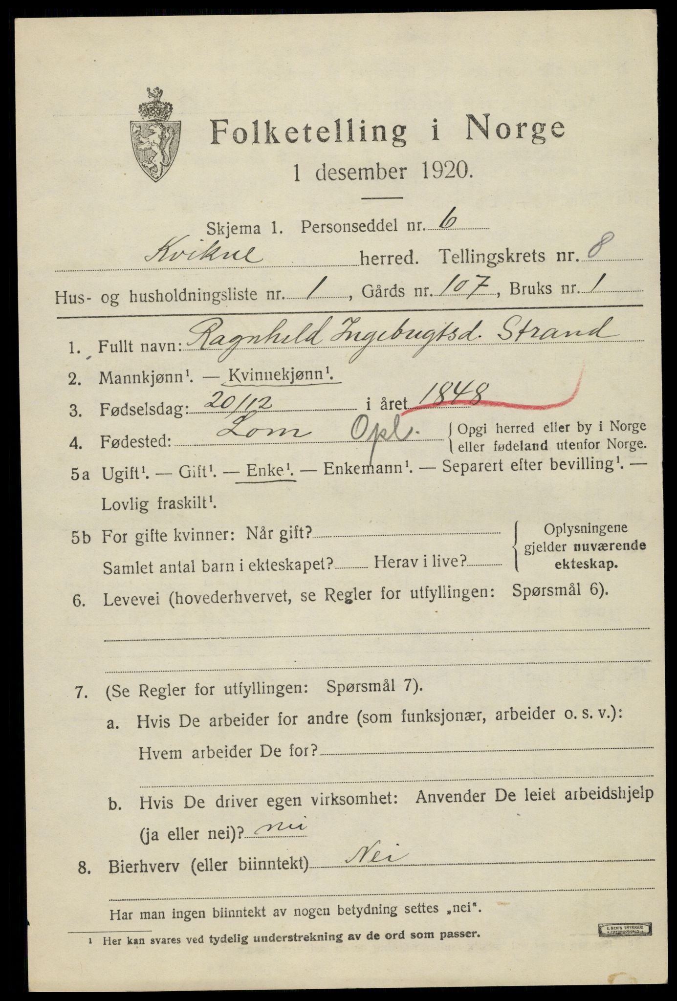 SAH, 1920 census for Kvikne, 1920, p. 3326