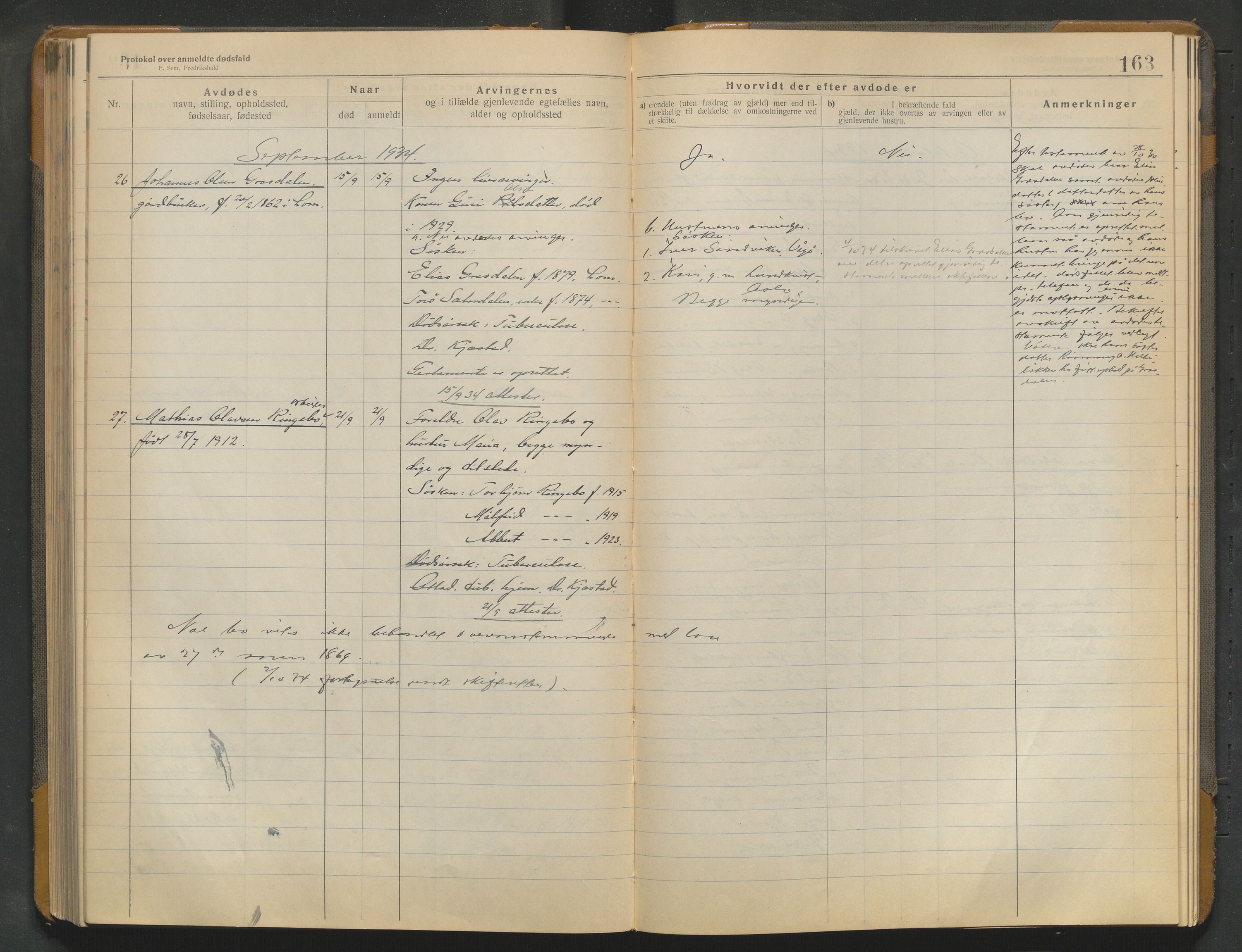 Lom lensmannskontor, AV/SAH-PGL-006/H/Ha/Haa/L0001/0004: Dødsfallsprotokoller / Dødsfallsprotokoll, 1922-1937, p. 163