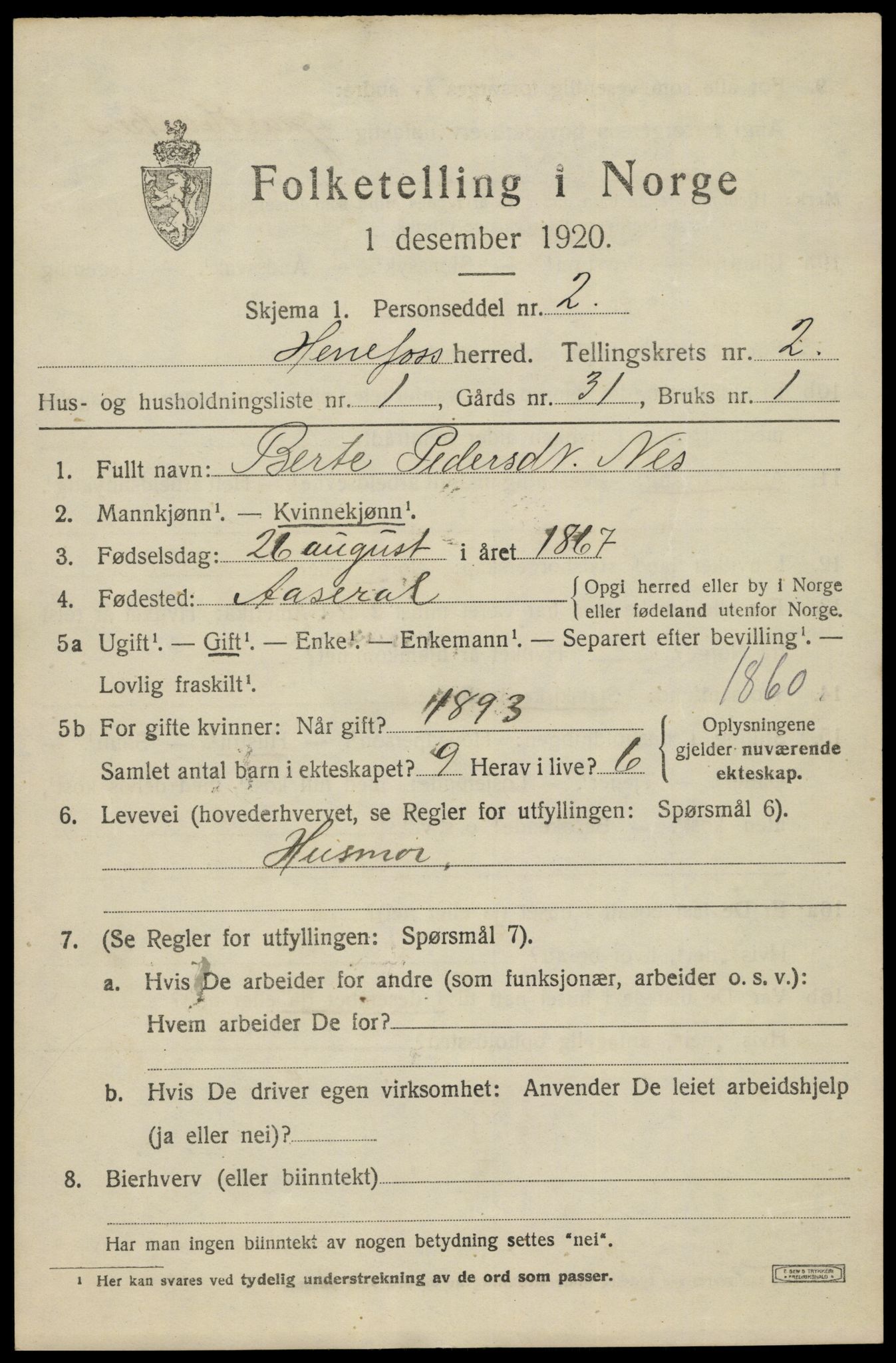 SAK, 1920 census for Herefoss, 1920, p. 320