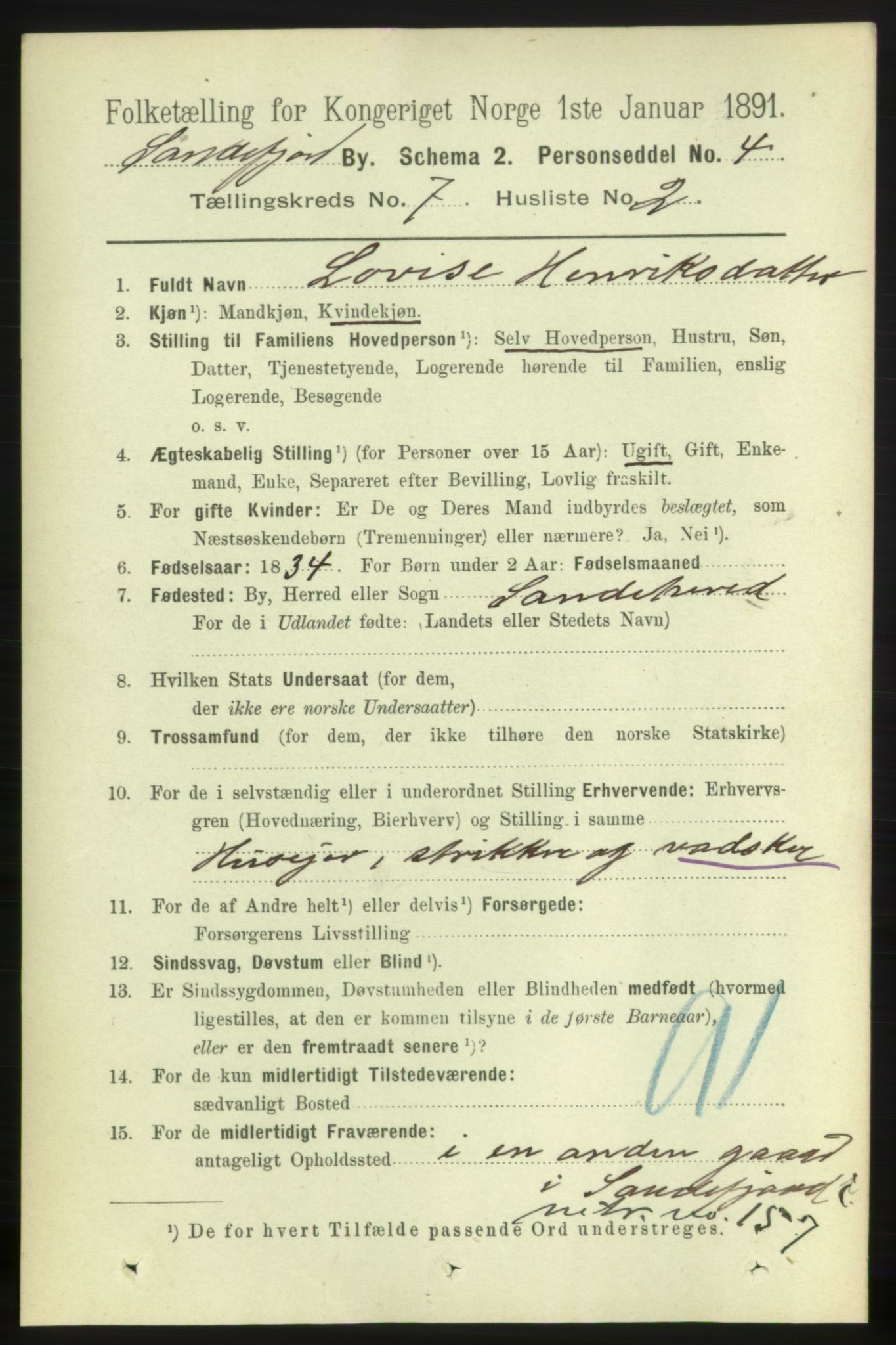 RA, 1891 census for 0706 Sandefjord, 1891, p. 2892