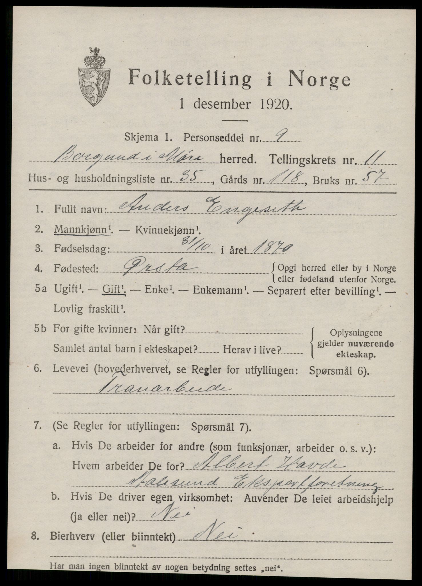 SAT, 1920 census for Borgund, 1920, p. 10332