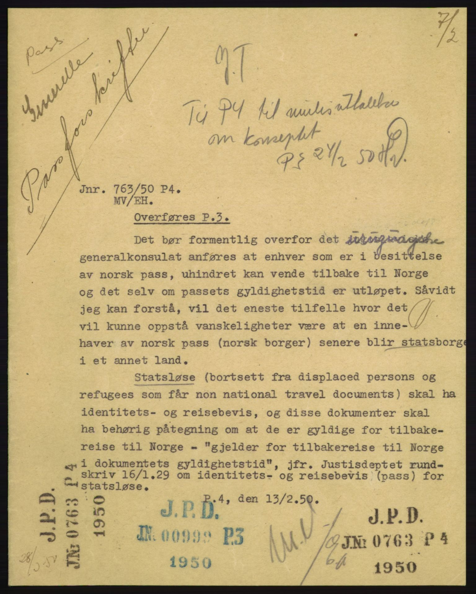 Justisdepartementet, 3. politikontor P3, RA/S-1051/D/L0039: Passforskrifter - Passinstruksen, 1947-1952, p. 769