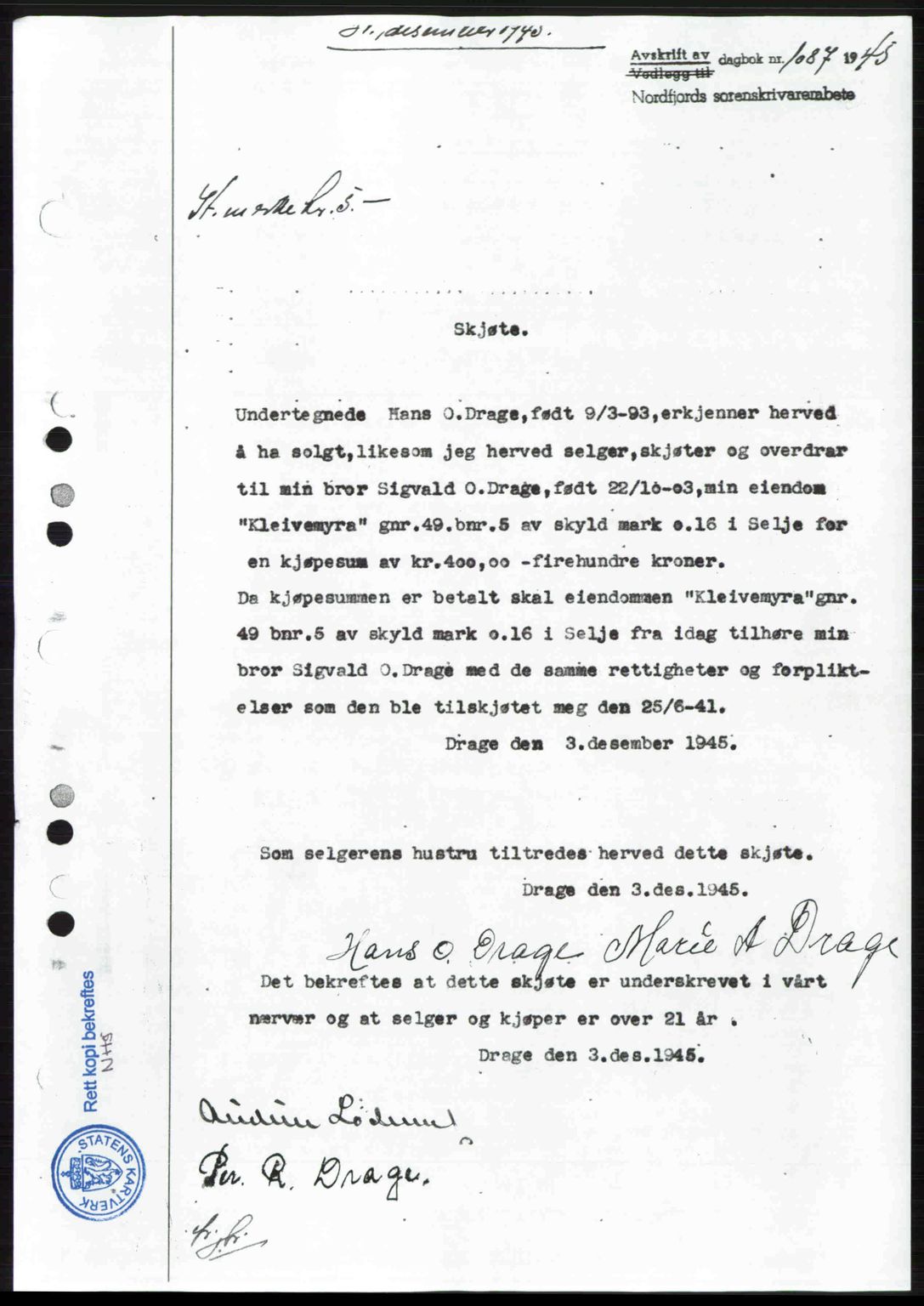 Nordfjord sorenskriveri, AV/SAB-A-2801/02/02b/02bj/L0010b: Mortgage book no. A10b, 1946-1946, Diary no: : 1087/1945