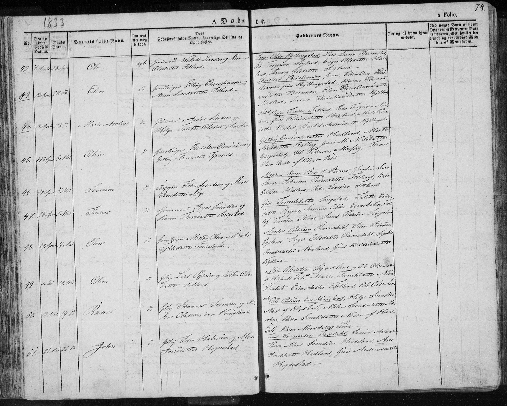 Lye sokneprestkontor, AV/SAST-A-101794/001/30BA/L0004: Parish register (official) no. A 4, 1826-1841, p. 74