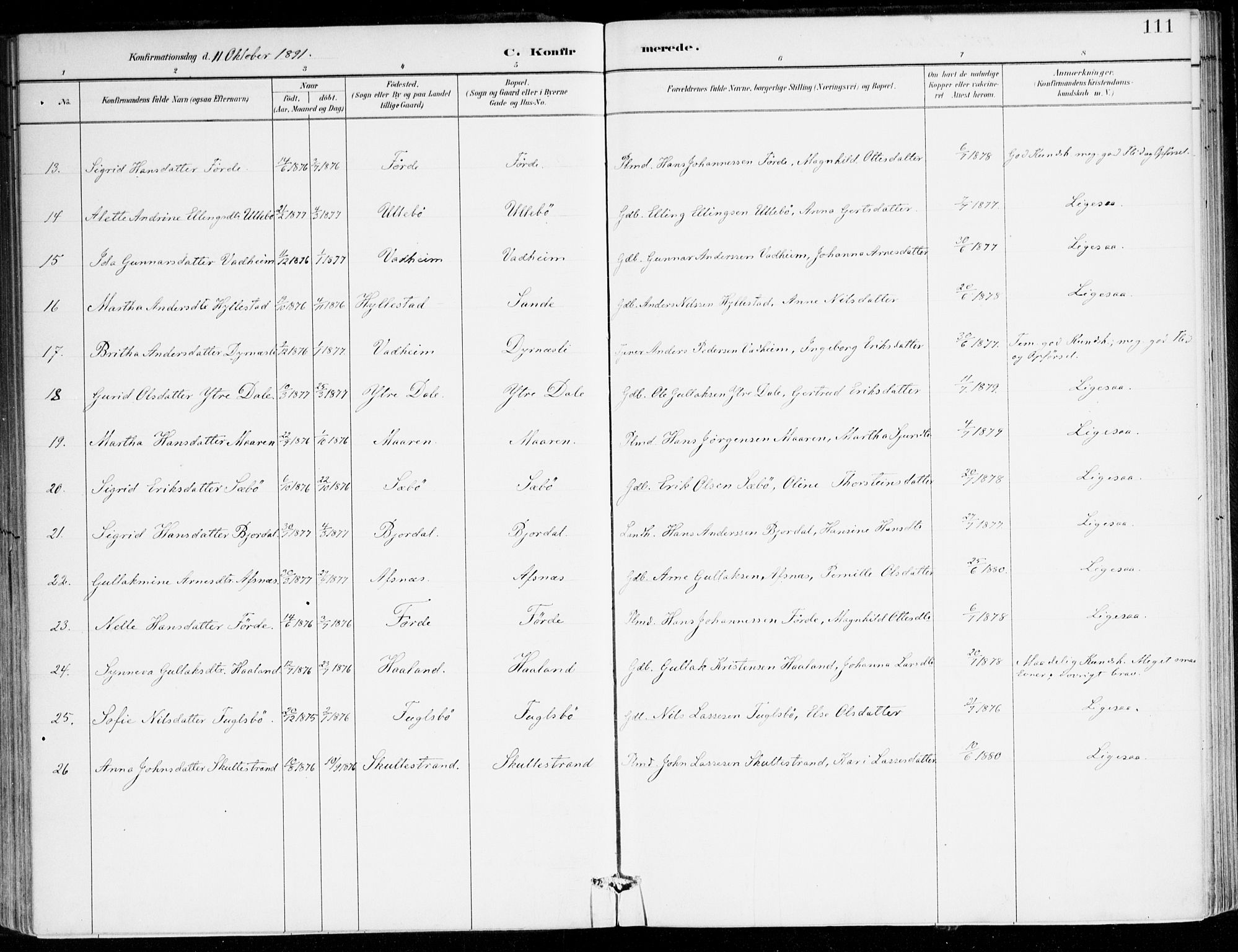 Lavik sokneprestembete, SAB/A-80901: Parish register (official) no. C 1, 1882-1904, p. 111