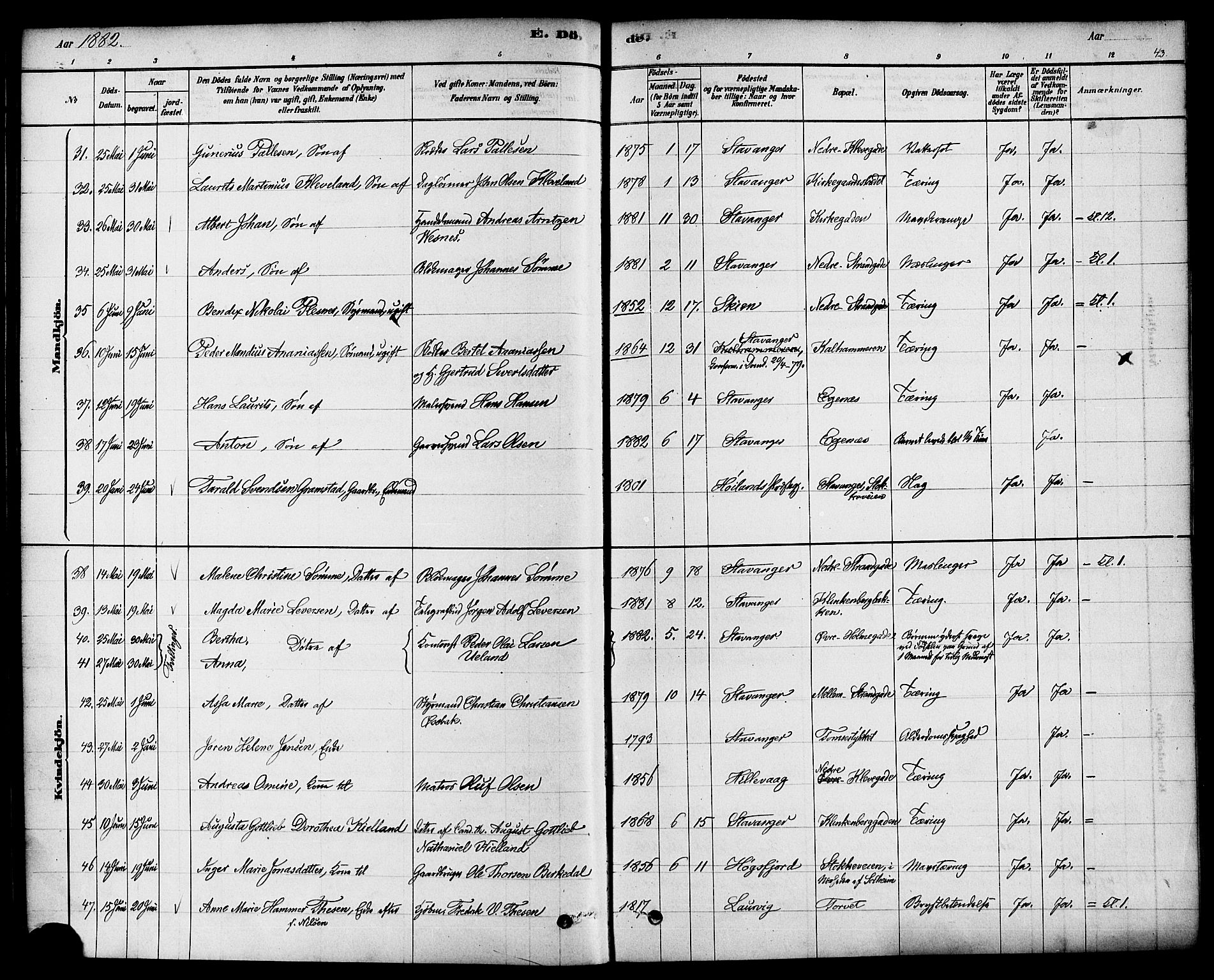 Domkirken sokneprestkontor, AV/SAST-A-101812/001/30/30BA/L0027: Parish register (official) no. A 26, 1878-1896, p. 43